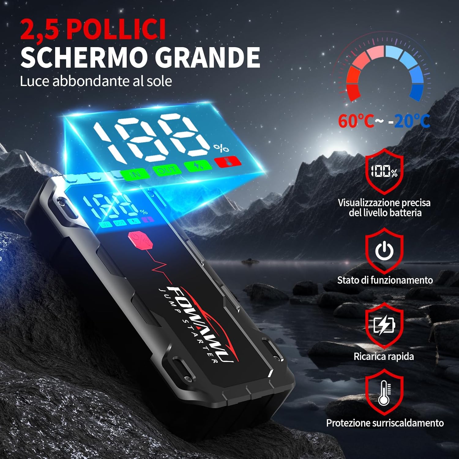 Detalle de FOWAWU 7000A Avviatore Batteria Auto: Powerbank di Emergenza 26800 mAh per Auto/Moto con Sicurezza Intelligente