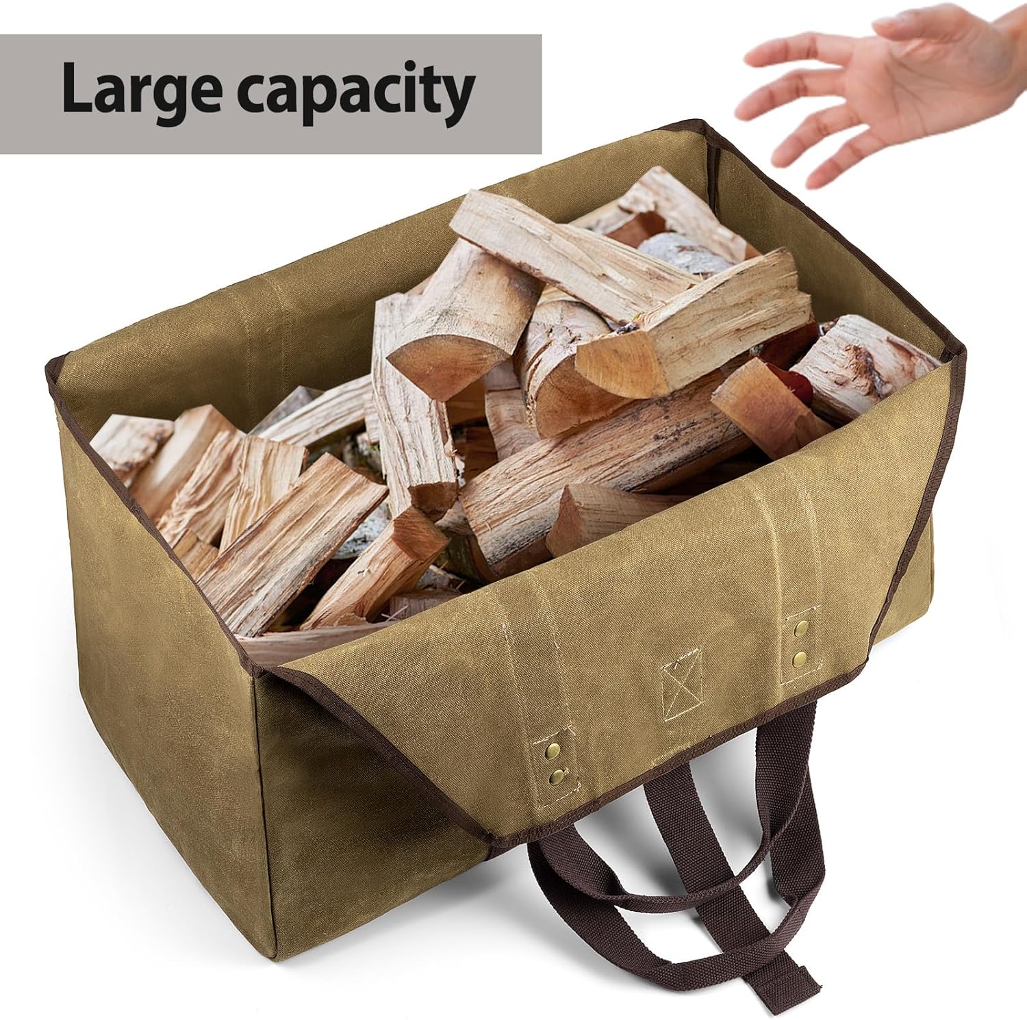 Detalle de BONTHEE Log Carrier Felt Bag with Wooden Handles (Grey) – Fireplace Wood Tote for Indoor Storage
