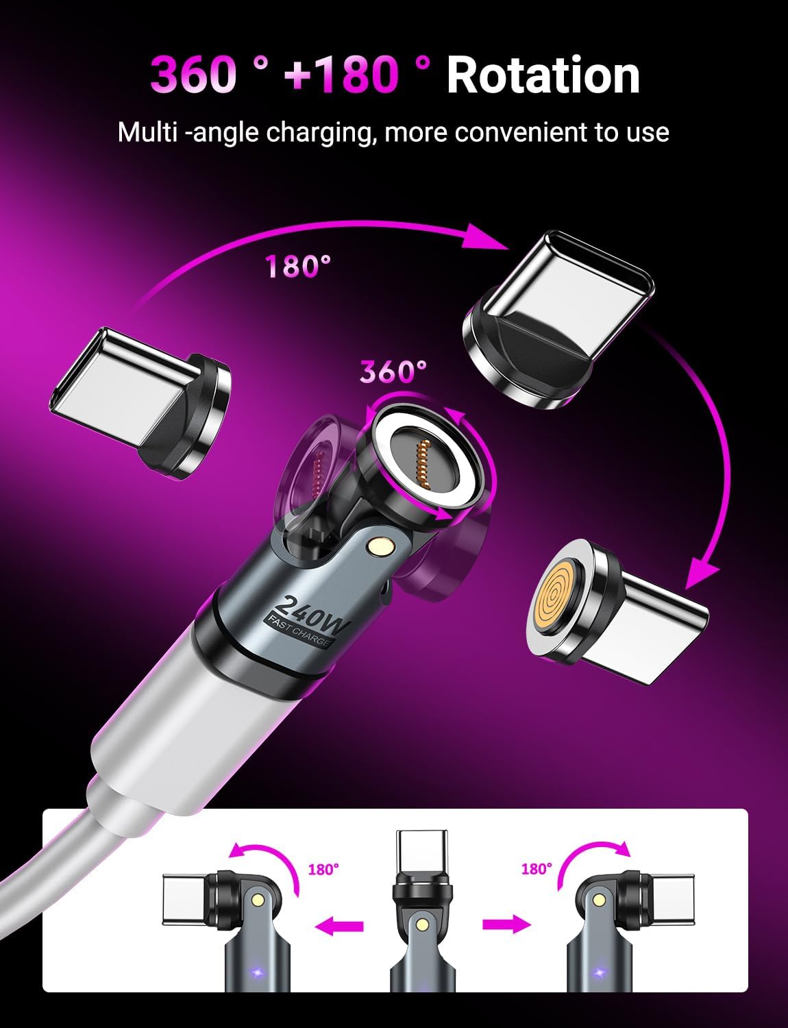 Thumbnail 6 de VAFOTON 240W USB‑C Magnet Adapter – 2er Set, 9‑Pin Magnetischer Adapter mit 540° Drehung