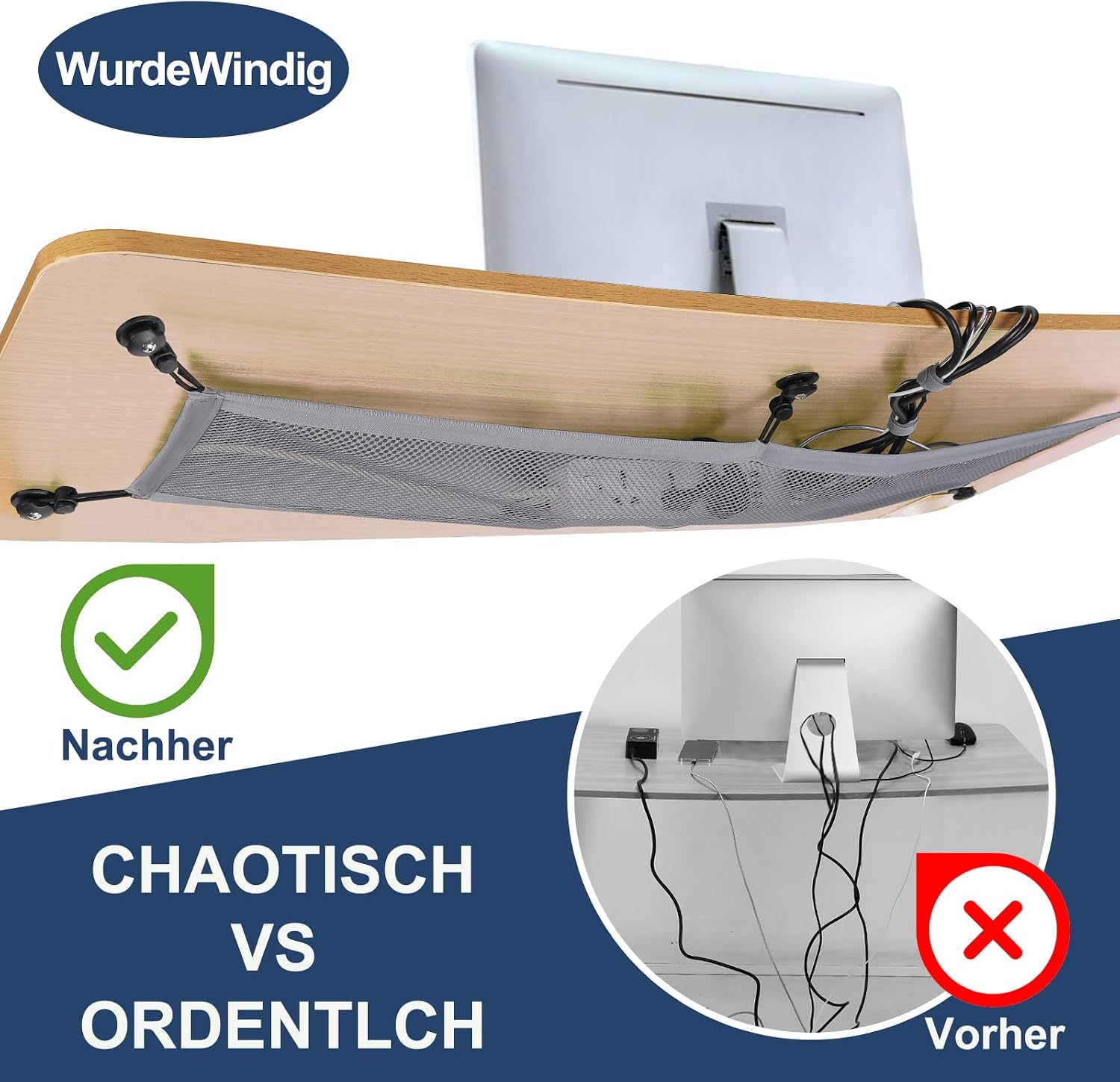 Detalle de WurdeWindig Kabelnetz Schreibtisch für Kabelmanagement – flexibler Netz mit 66,5 × 24 cm, Grau