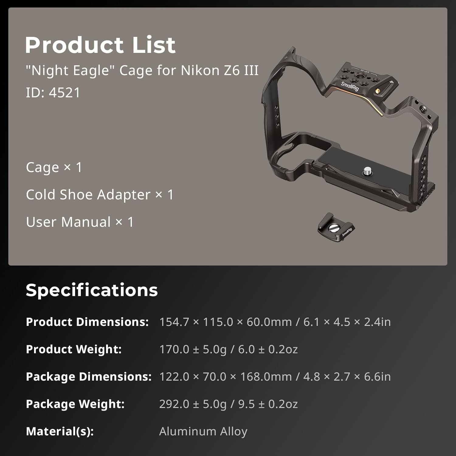 Thumbnail 5 de SMALLRIG Night Eagle Cage Z6III pour Nikon Z6 III — Cage complète en alliage d'aluminium avec plaque de dégagement rapide et support Cold Shoe