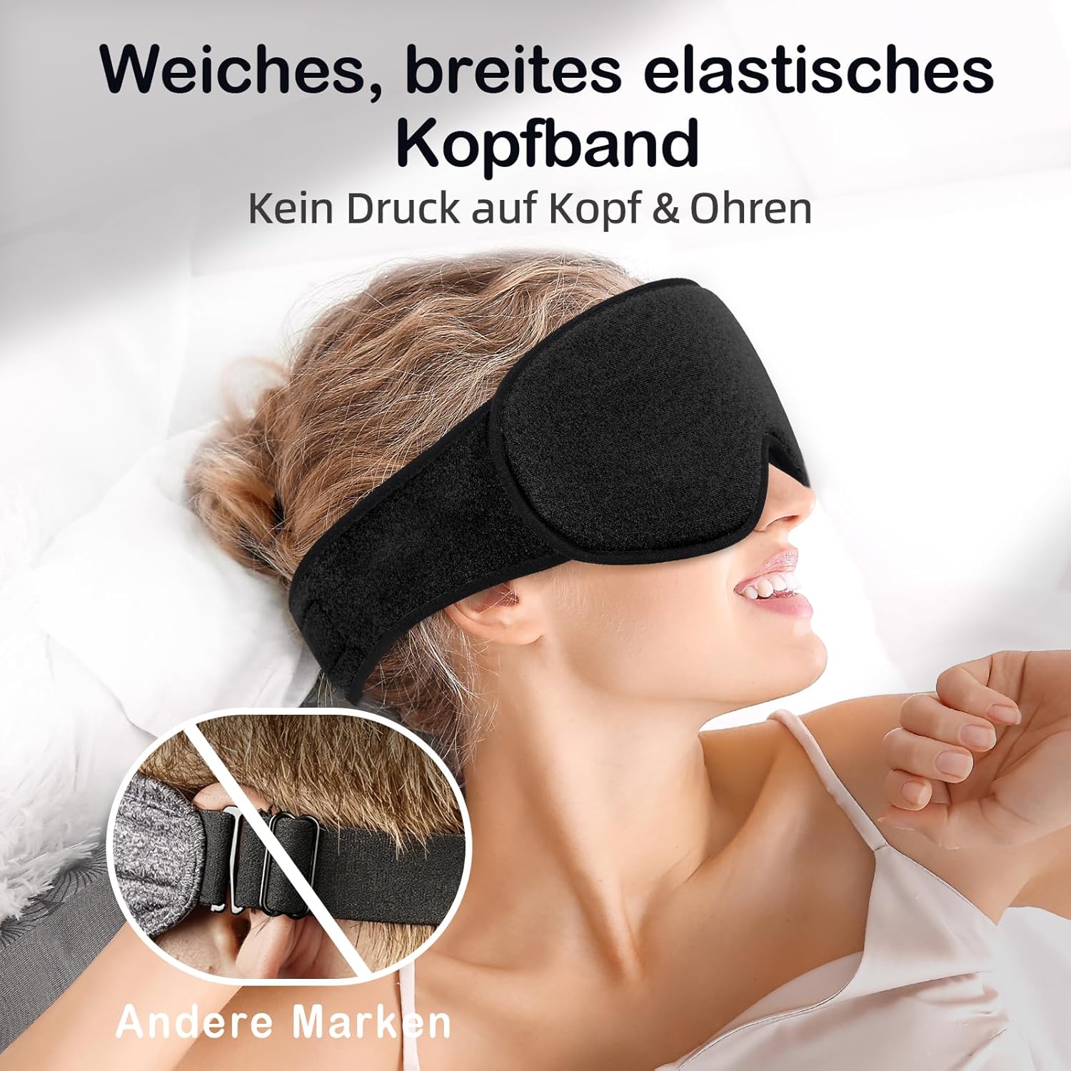 Detalle de INNELO Schlafmaske für Seitenschläfer (3D lichtblockierend) mit Gehörschutz – ultraweich, mit Klettverschluss, Schwarz