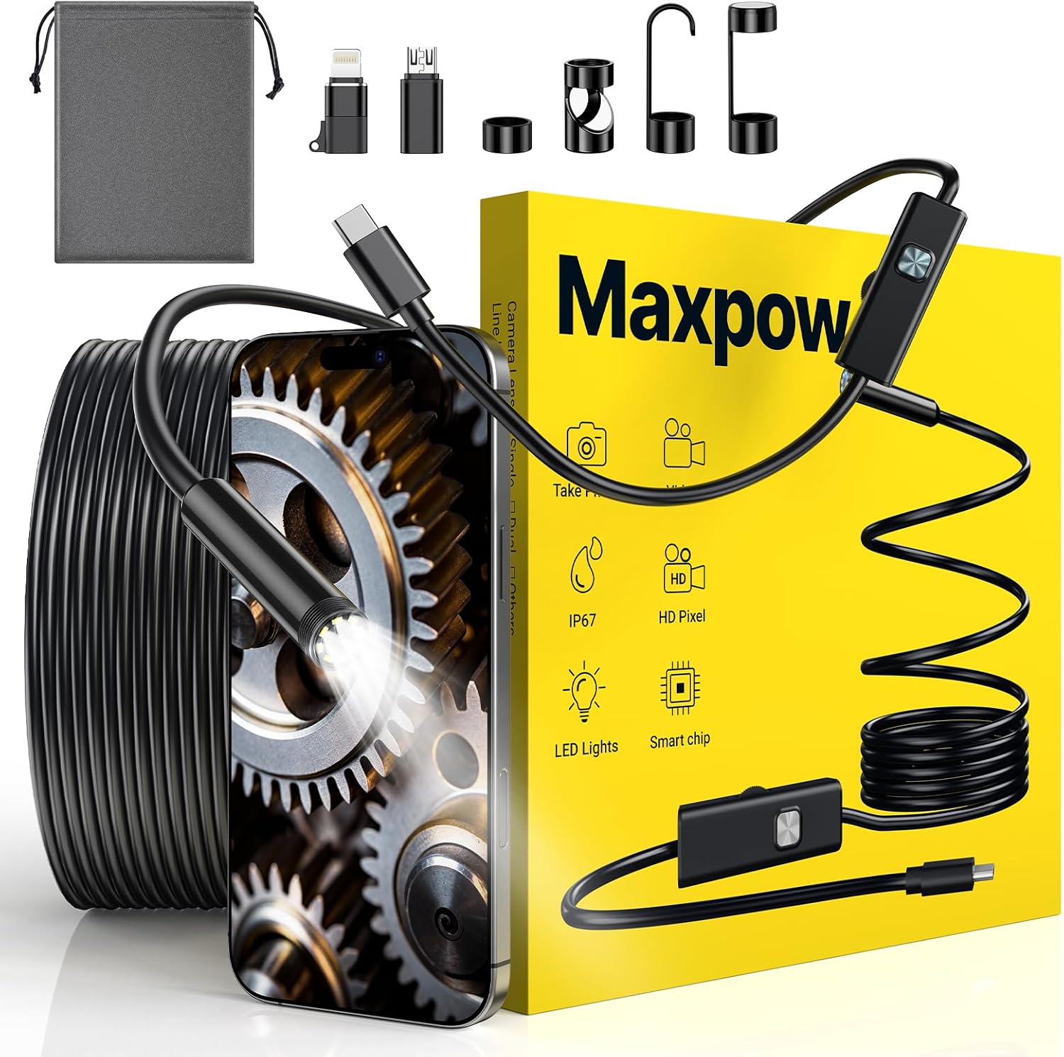 Detalle de Maxpow Endoscopio per Smartphone – Telecamera Endoscopica 1920HD IP67, Sonda 5 m con 8 LED, Compatibile Android e iOS
