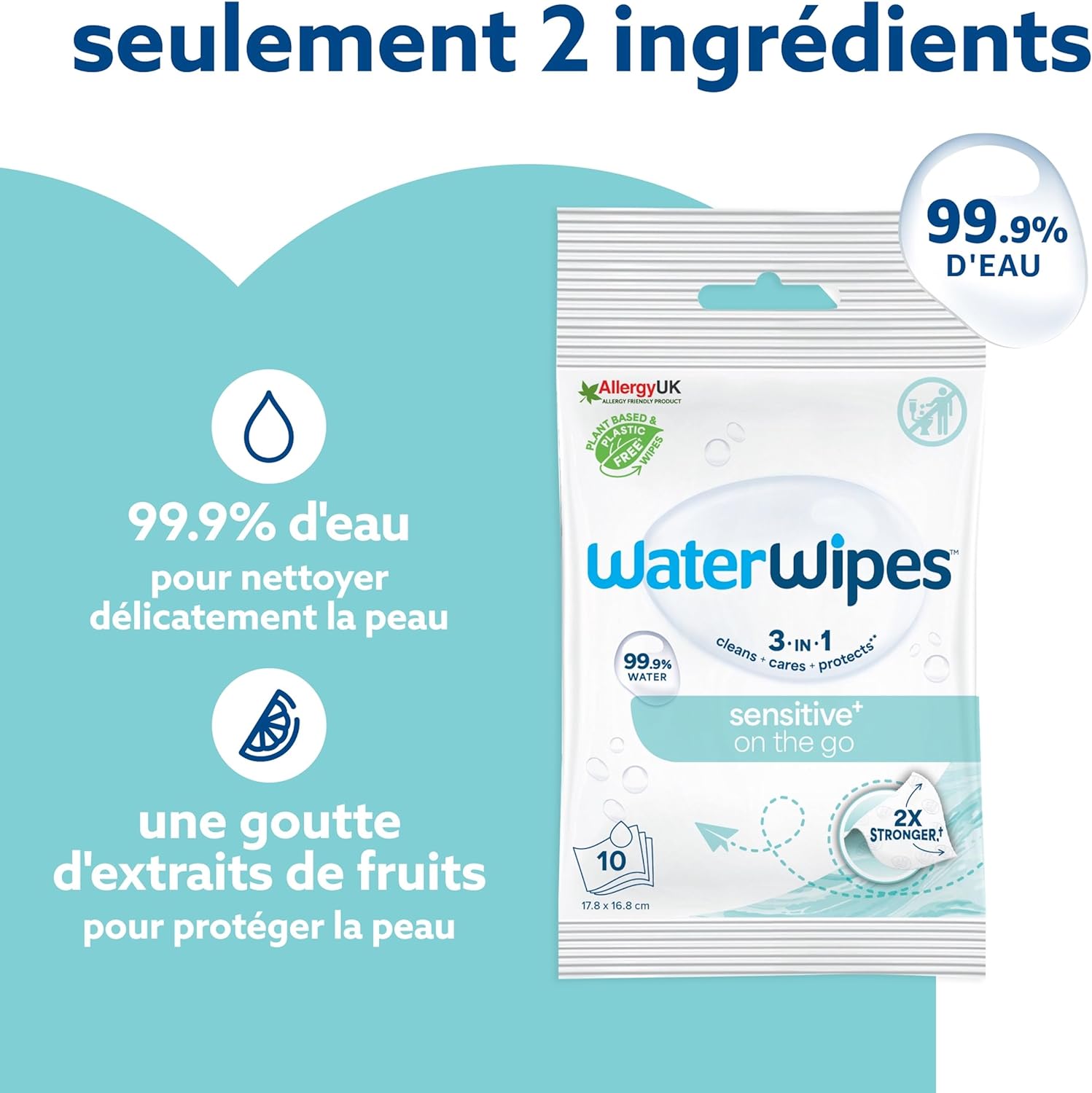Detalle de WaterWipes Sensitive+ On The Go Wipes — Lingettes sans parfum, 99,9% eau purifiée, 100 unités (10 paquets)