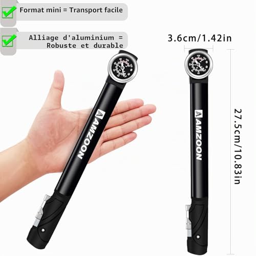 Detalle de AMZOON Mini Pompe à Vélo avec Manomètre, 120 PSI — compacte, polyvalente et précise
