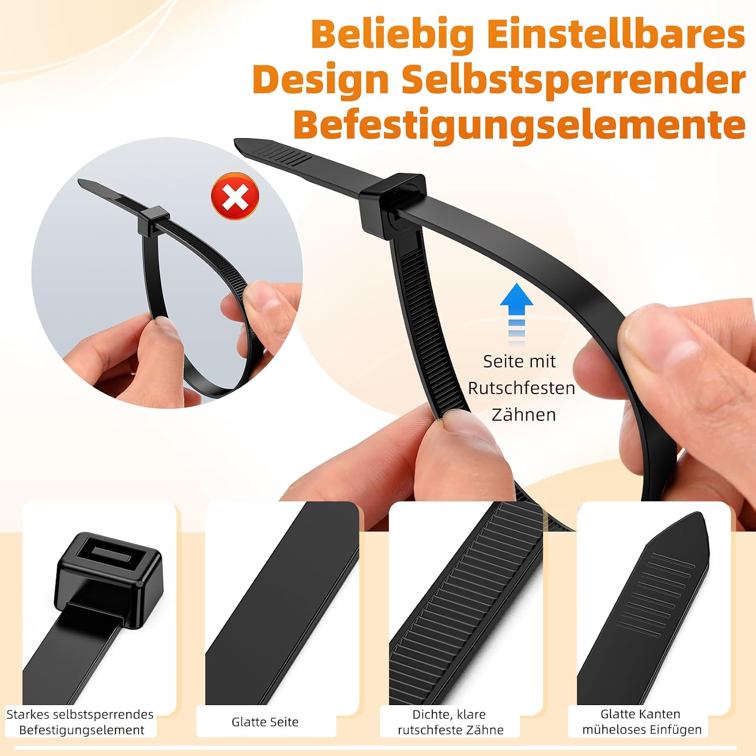 Thumbnail 4 de Kabelbinder Lang Schwarz Wiederverschließbar 500 mm x 4,8 mm – 100 Stück, UV-beständig, 22 kg Zugfestigkeit