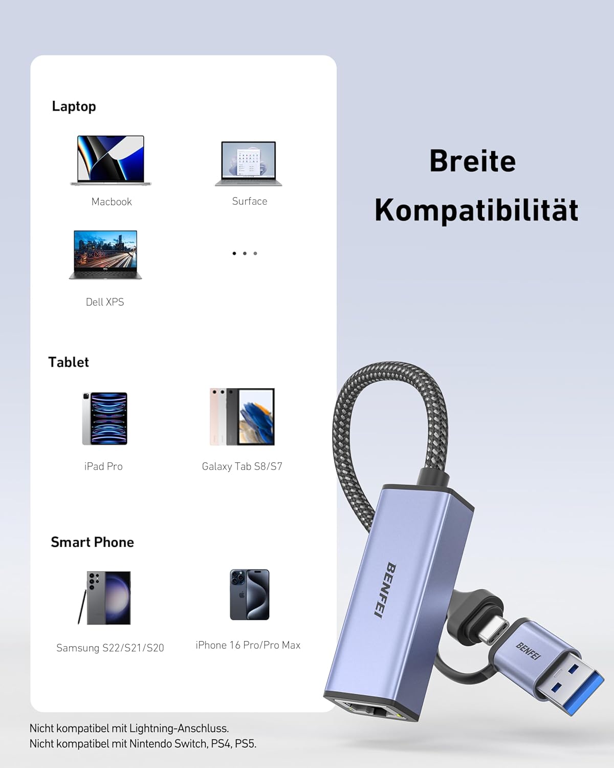 Thumbnail 4 de BENFEI USB-C Ethernet Adapter 1 Gbit/s đ