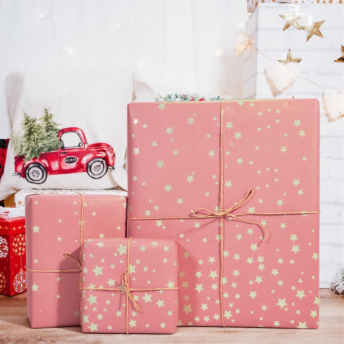 Thumbnail 5 de Birthday wrapping paper roll (43cm x 10m) pink kraft with gold stars