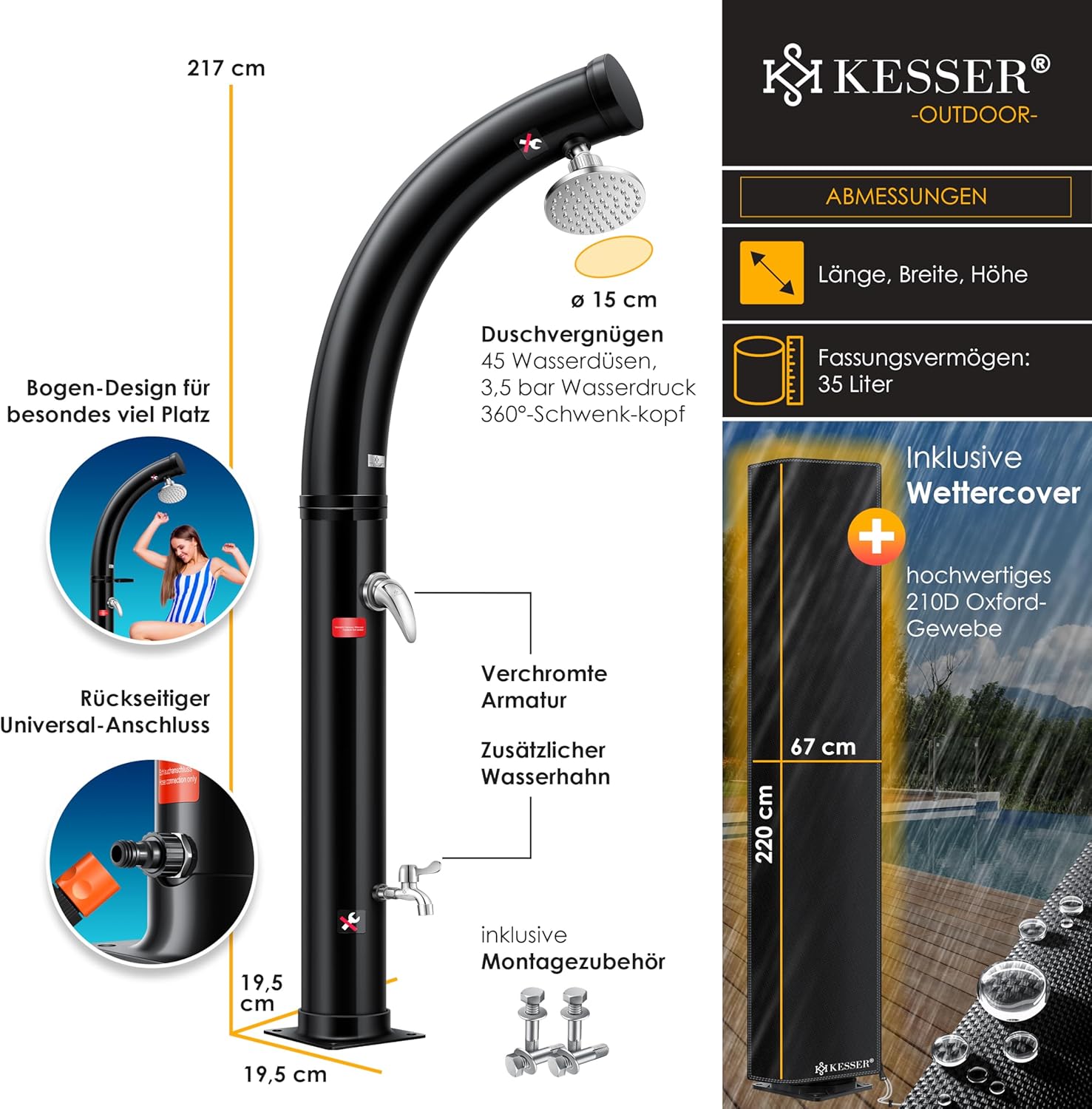 Thumbnail 6 de KESSER Solar-Gartendusche Bogen mit Schutzhaube – 20L/35L, warm bis 60 °C, Regenduschkopf, Wasserhahn, Gartenschlauch-Anschluss