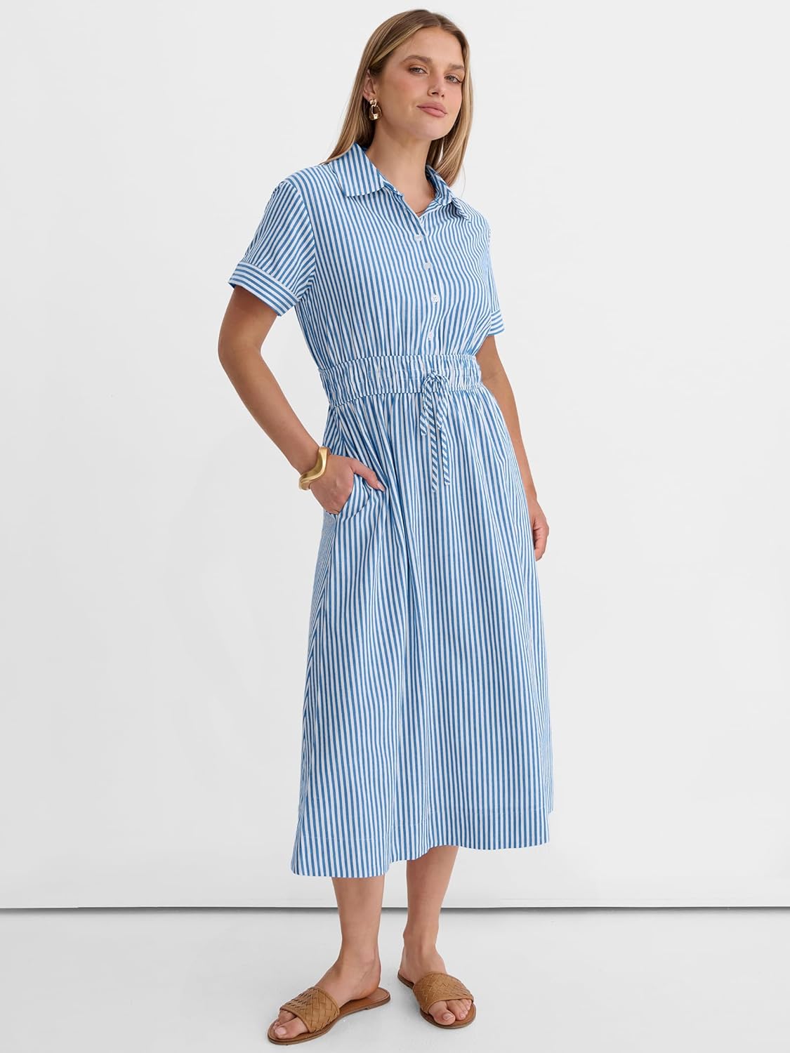 Detalle de ANRABESS Womens Summer Midi Dress with Striped Gingham and Button Collar