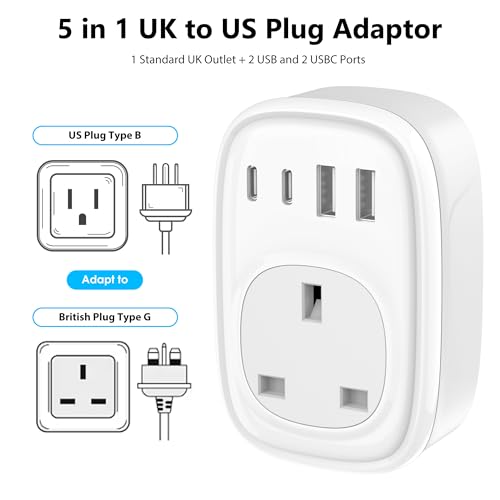 Detalle 2 de Tusreda UK to US Plug Adaptor: 4-in-1 Travel Charger with USB-C & USB Ports