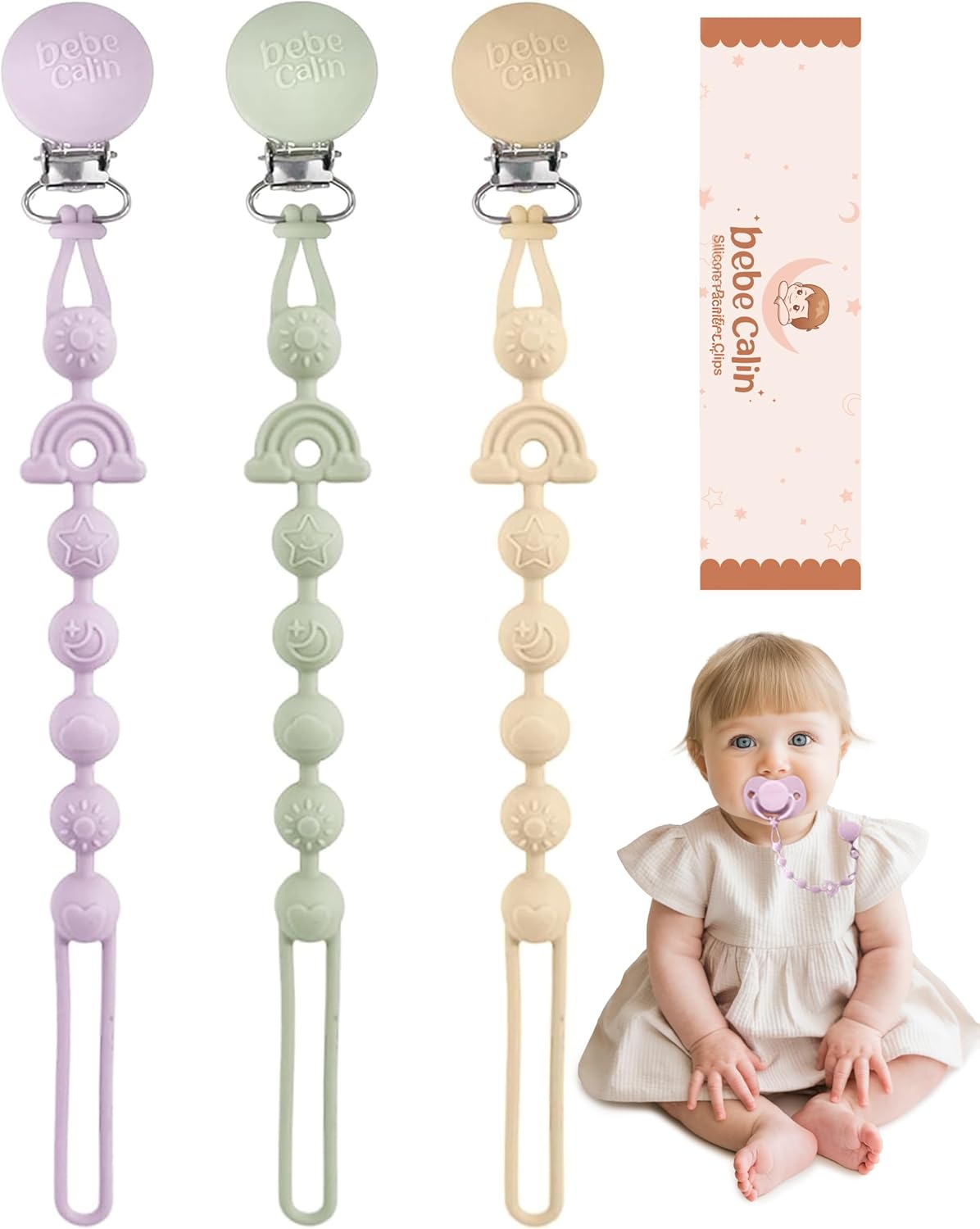 Bebecalin Dummy Clip – Mam Pacifier Clips and Bib Pacifier Clip (3-Pack) in Sage, Apricot & Purple