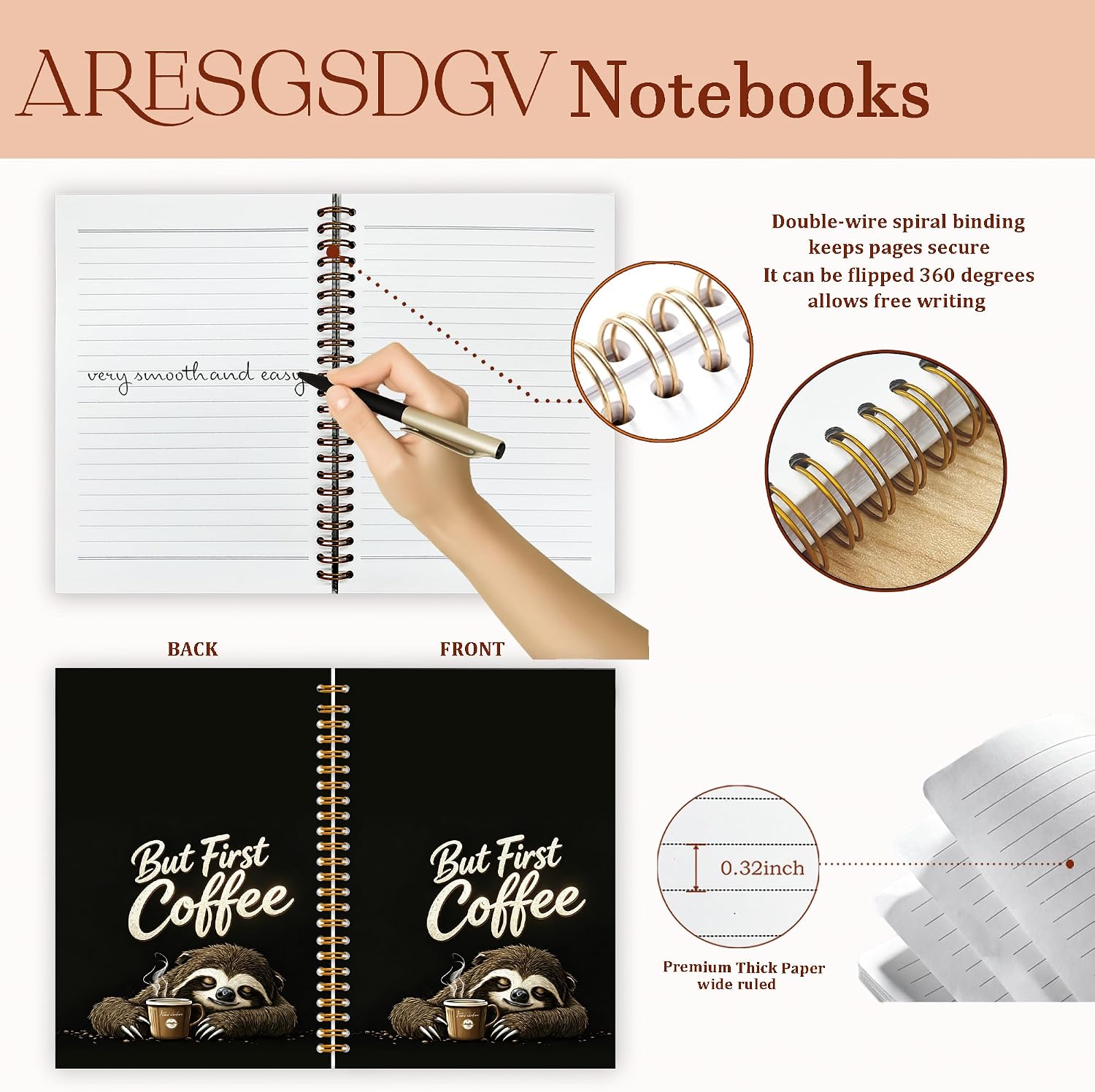Detalle de ARESGSDGV Funny Sloth Coffee Notebook, 160 Pages, Hardcover, 5.5 x 8.3 in