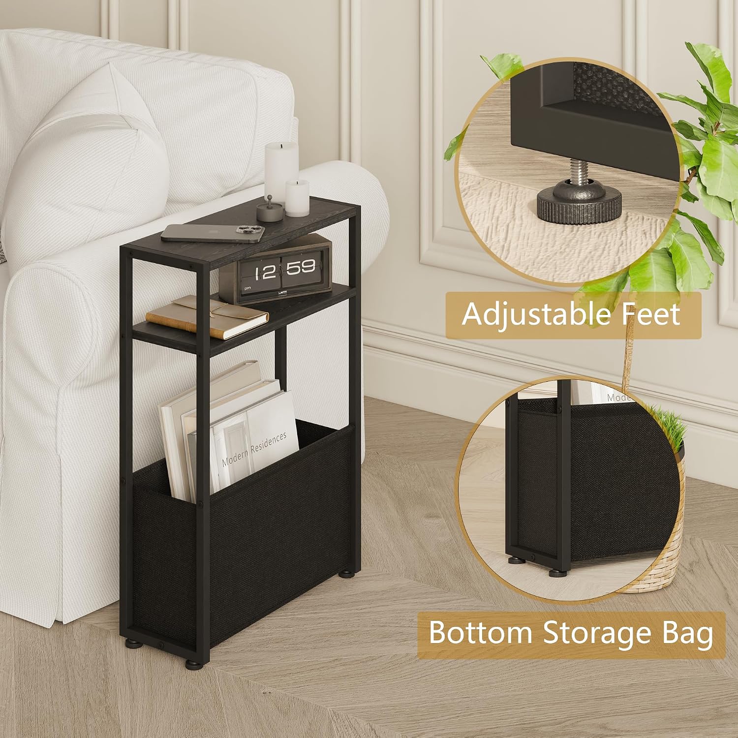 Detalle 1 de Leomonio ZBZ01 Narrow Side Table with Magazine Rack and Fabric Basket