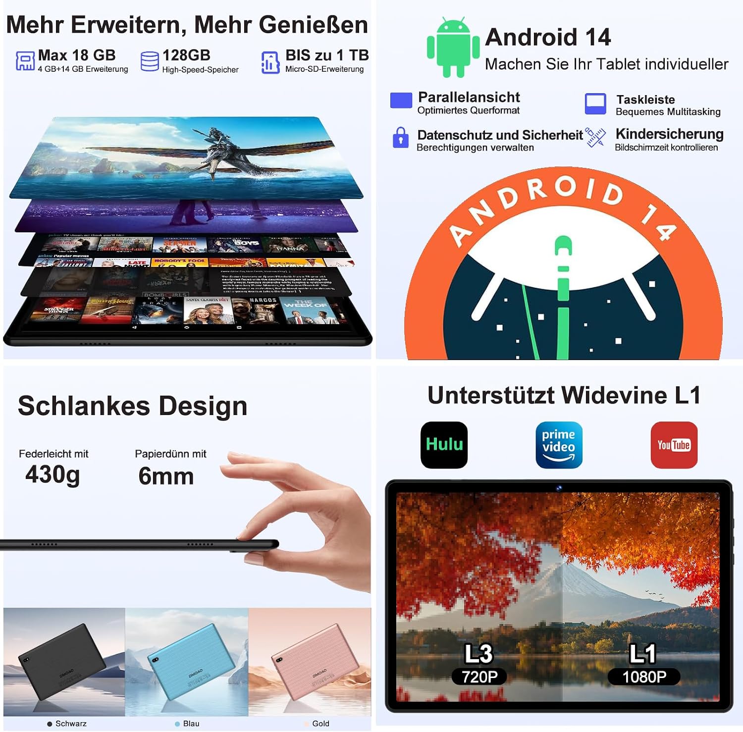 Thumbnail 2 de DMOAO Tablet 10 Pollici Android con 18GB RAM, 128GB ROM e espansione TF 1TB – WiFi 6, 5G, Widevine L1