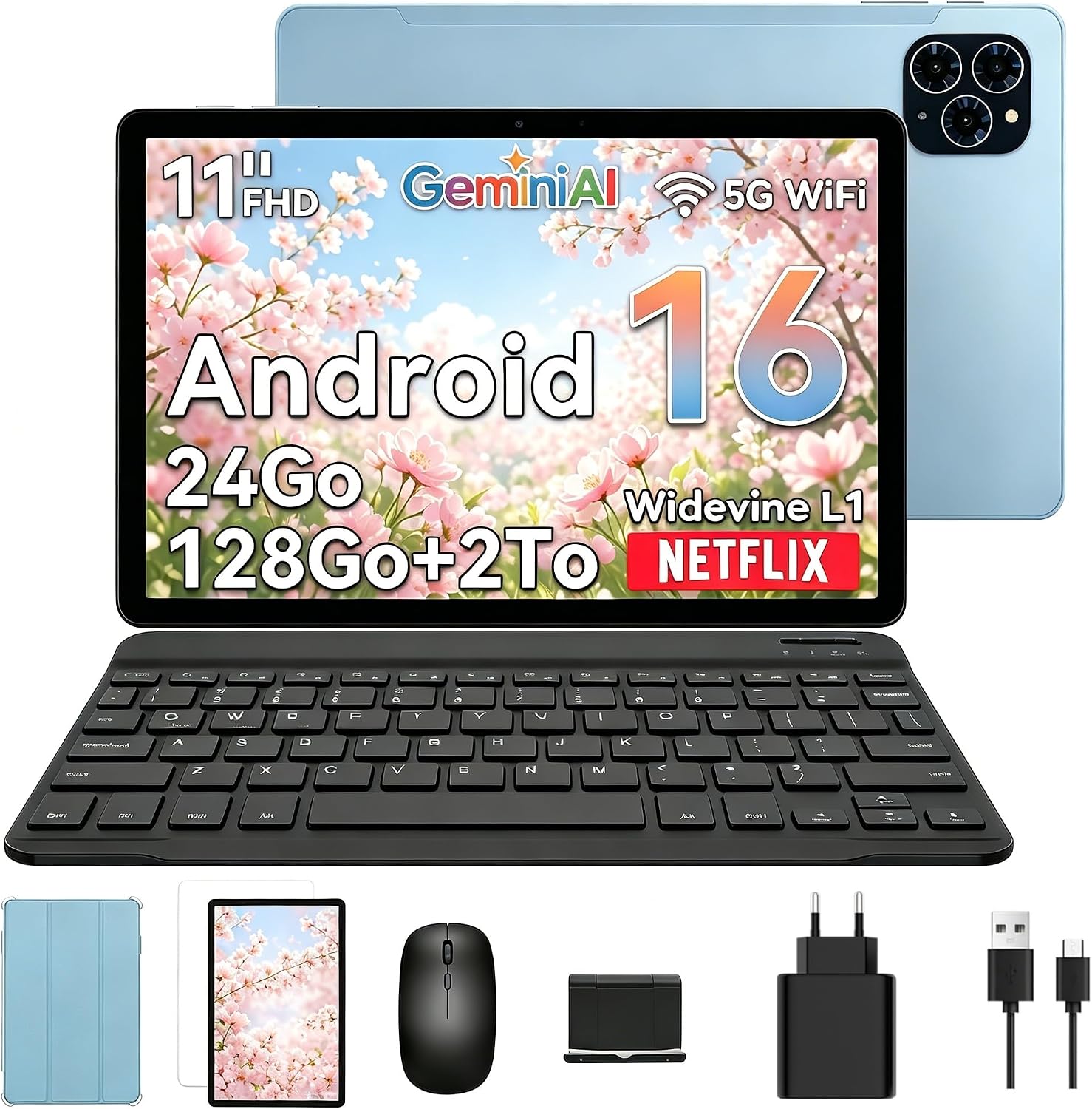 Detalle de TABWEE Android 16 Tablette avec Clavier – 11 pouces, 24Go+128Go et accessoires