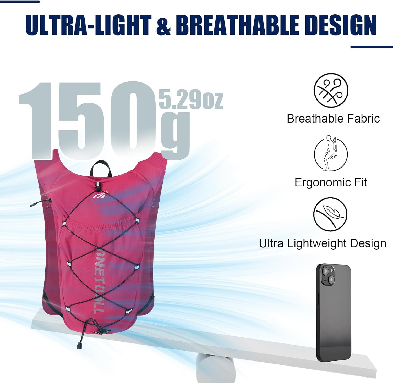 Thumbnail 1 de ONETOALL Running Vest with Detachable Chest Strap and 2L Water Capacity (Reflective, Lightweight 150g)