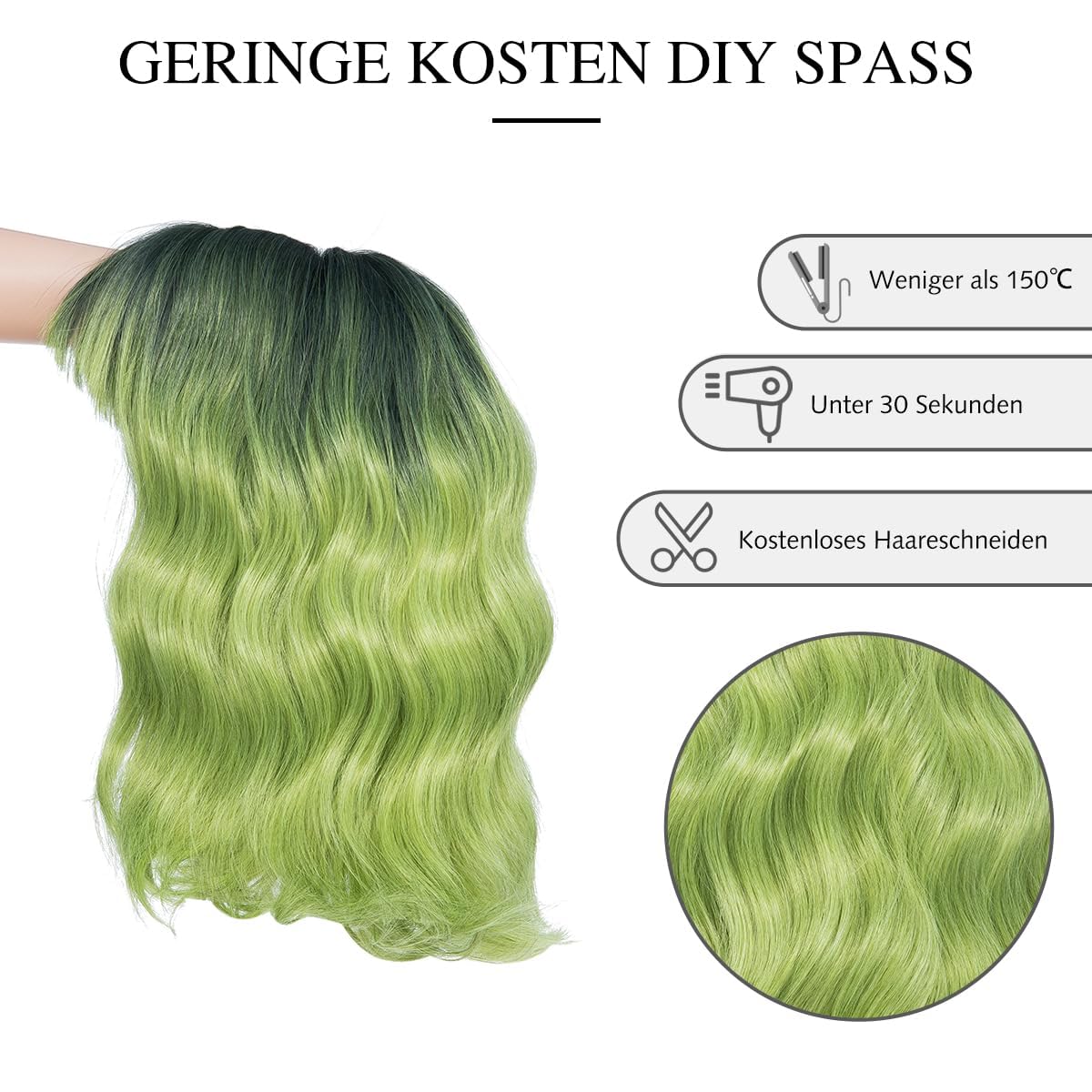 Thumbnail 2 de PARXITN Kurze Bob Perücke Damen – Ombré Grün, Pony, 12 Zoll | Cosplay & Alltag