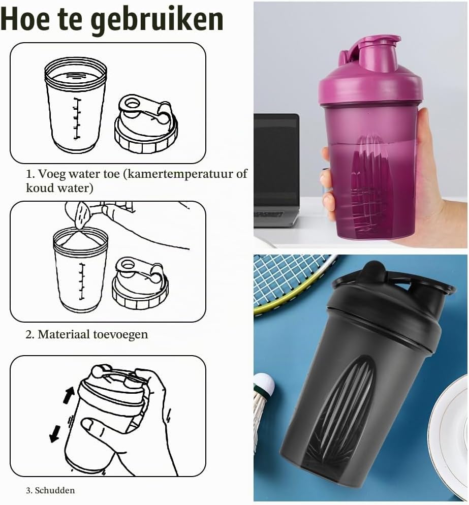 Detalle 2 de ACWOO 4641179 proteïneshakers met mixbal, lekvrij, zwart en paars