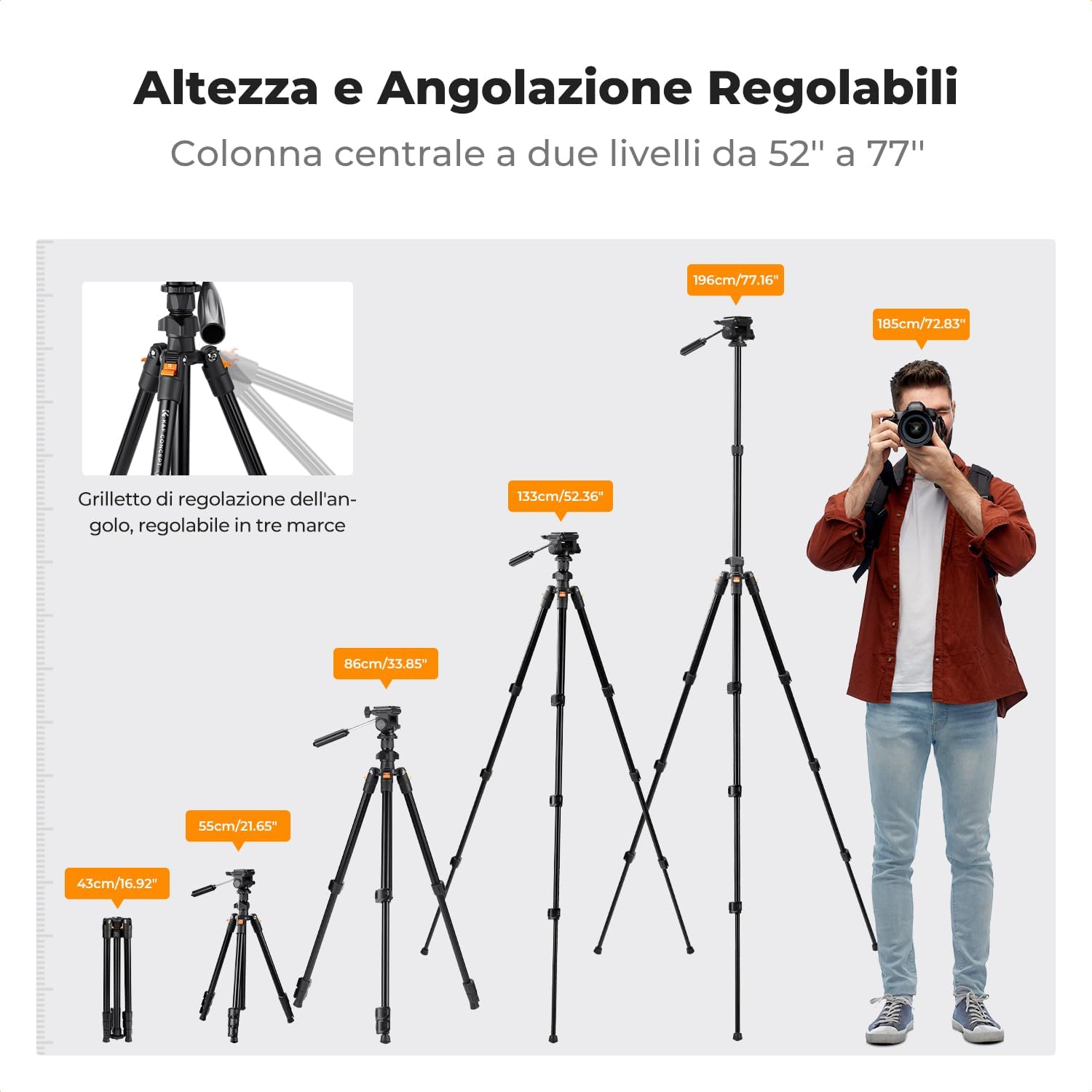 Detalle 2 de K&F Concept Treppiede Fotocamera 196 cm con Testa BV01 a 3 Vie – Supporto DSLR/Smartphone