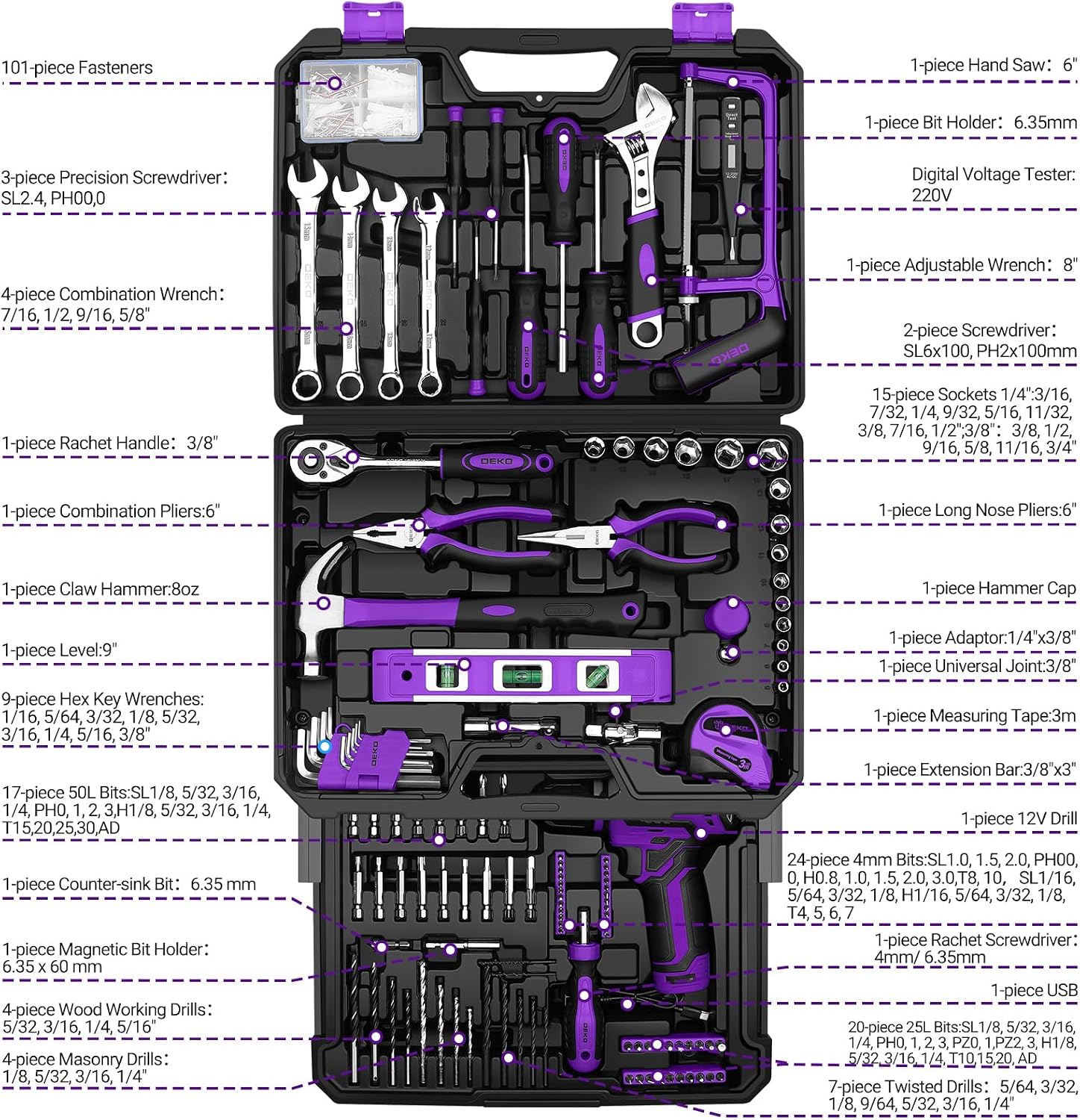 Detalle 2 de DEKO Set di attrezzi da 238 pezzi con trapano a batteria 12 V, viola: kit completo per lavori domestici