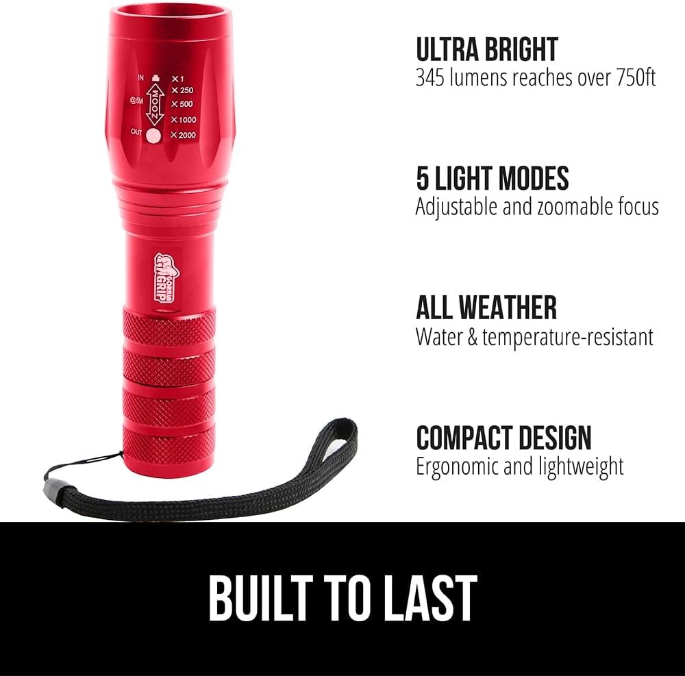 Detalle de GORILLA GRIP 840029670910 LED Tactical Flashlight, Red, 5 Modes, Zoomable