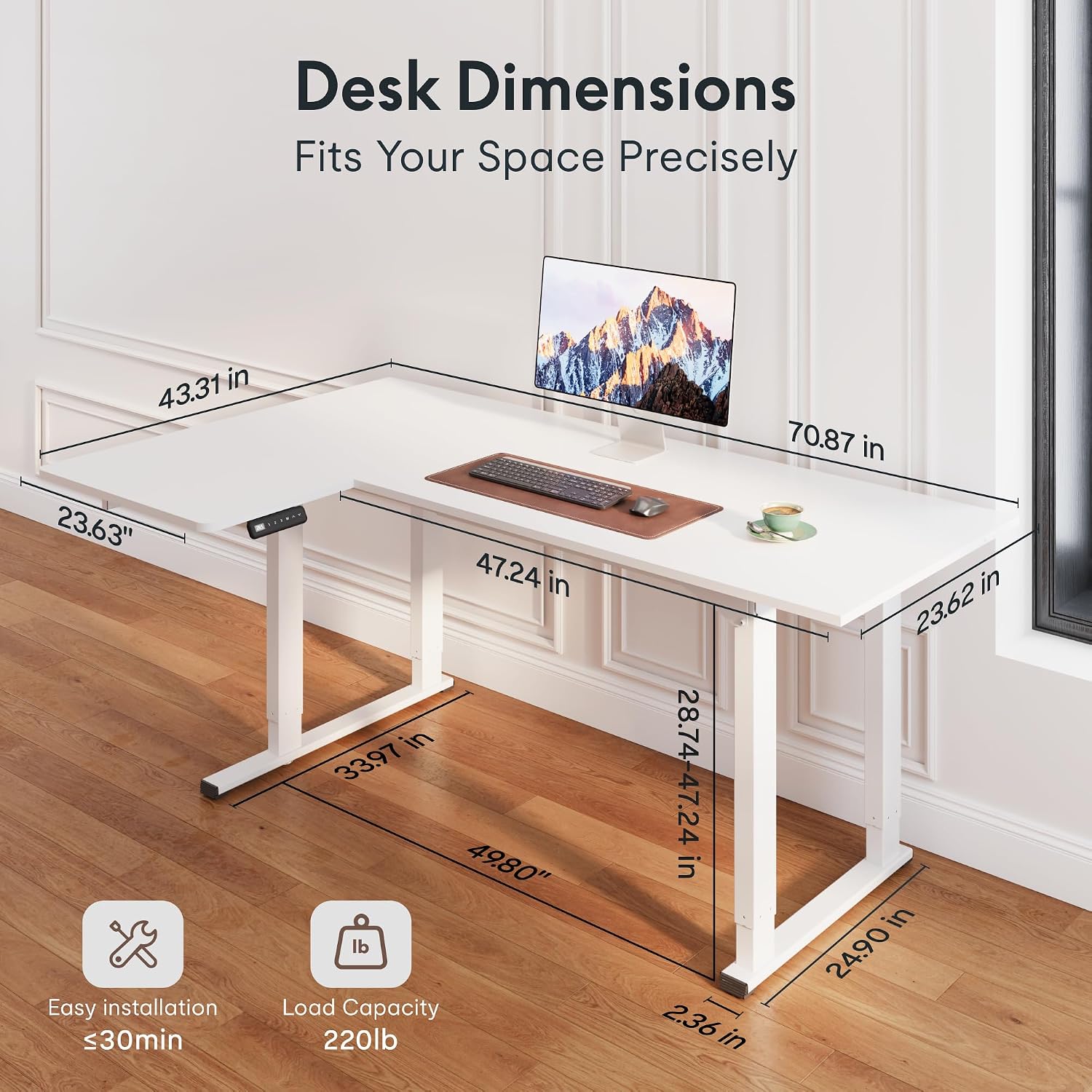 Detalle 2 de FLEXISPOT L-shaped standing desk, 71 x 43 inches