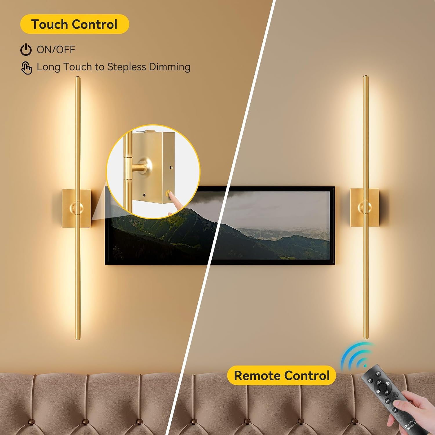 Detalle 2 de Ouyulong WS-04 Battery-Operated Wall Sconces, 31.6in Gold, Set of 2