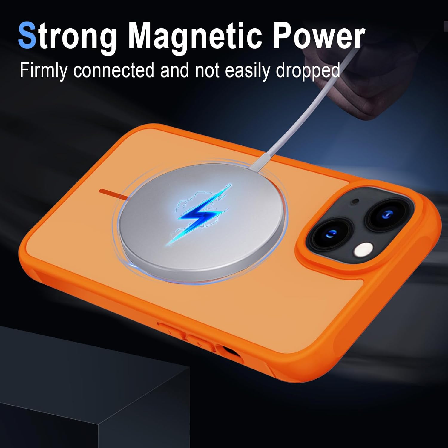 Detalle de XTCASE Coque Magnétique pour iPhone 13 — Dos translucide orange, bord TPU antichoc et bumper en aluminium