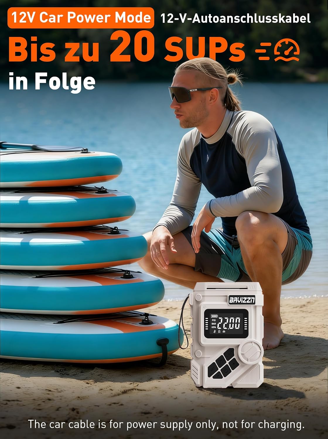 Thumbnail 5 de BAVIZZN 22PSI Elektrische SUP Pumpe mit Akku 12VDC – kompakte Allround-Pumpe für Paddleboard, Boote und Kajaks
