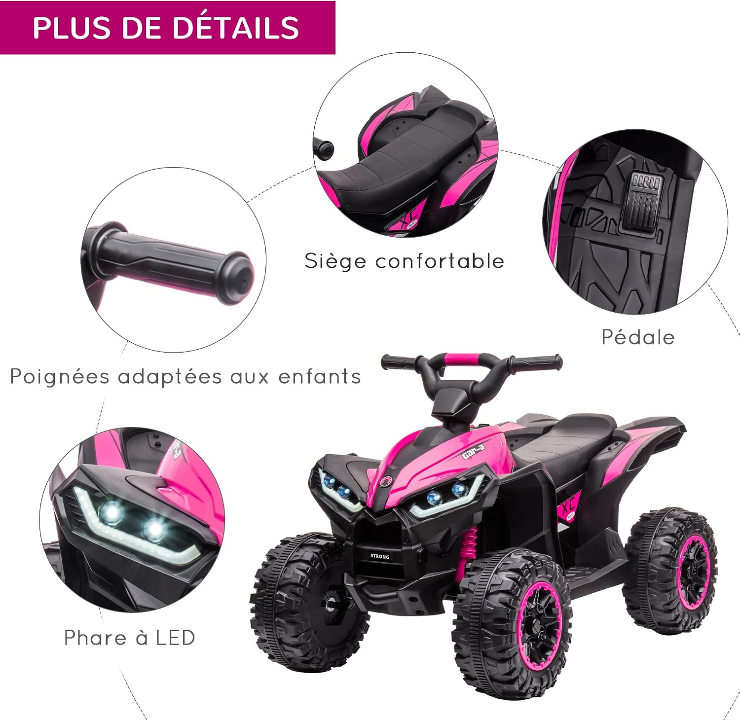 Detalle de HOMCOM Quad Électrique Enfant 12 V – Voiture 2 Moteurs, 3–6 km/h, LED, USB/TF, Rose