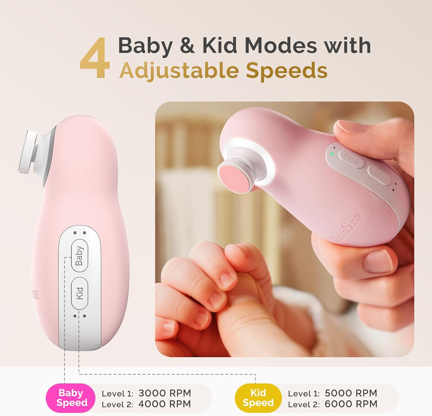 Detalle de MelodySusie Lime à Ongles Électrique pour Bébé – Coupe-ongles sans fil, veilleuse et recharge magnétique (rose)