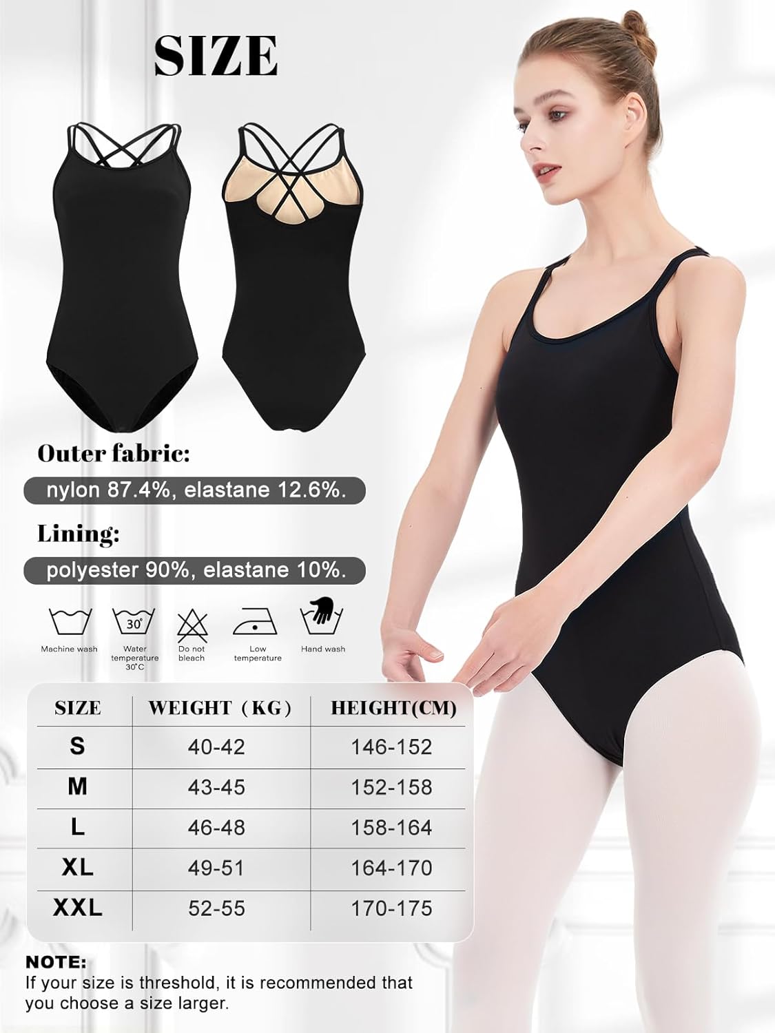 Detalle de Kefiyis Body Danza Classica Donna — Camisole Body Ginnastica Artistica Nero, Alta Elasticità
