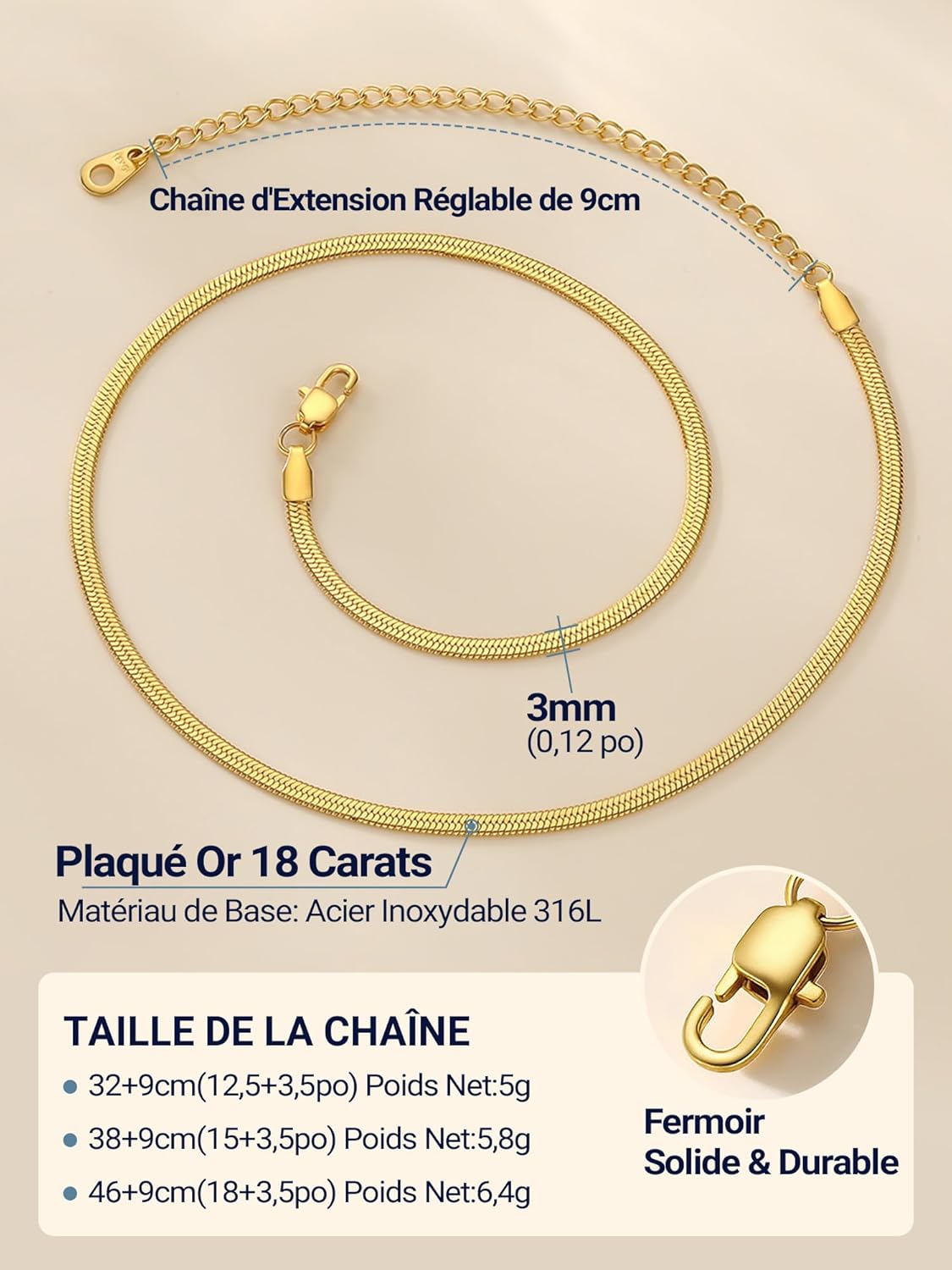 Thumbnail 2 de PROSTEEL Collier femme en acier inoxydable 316L plaqué or jaune, maille miroir 3 mm
