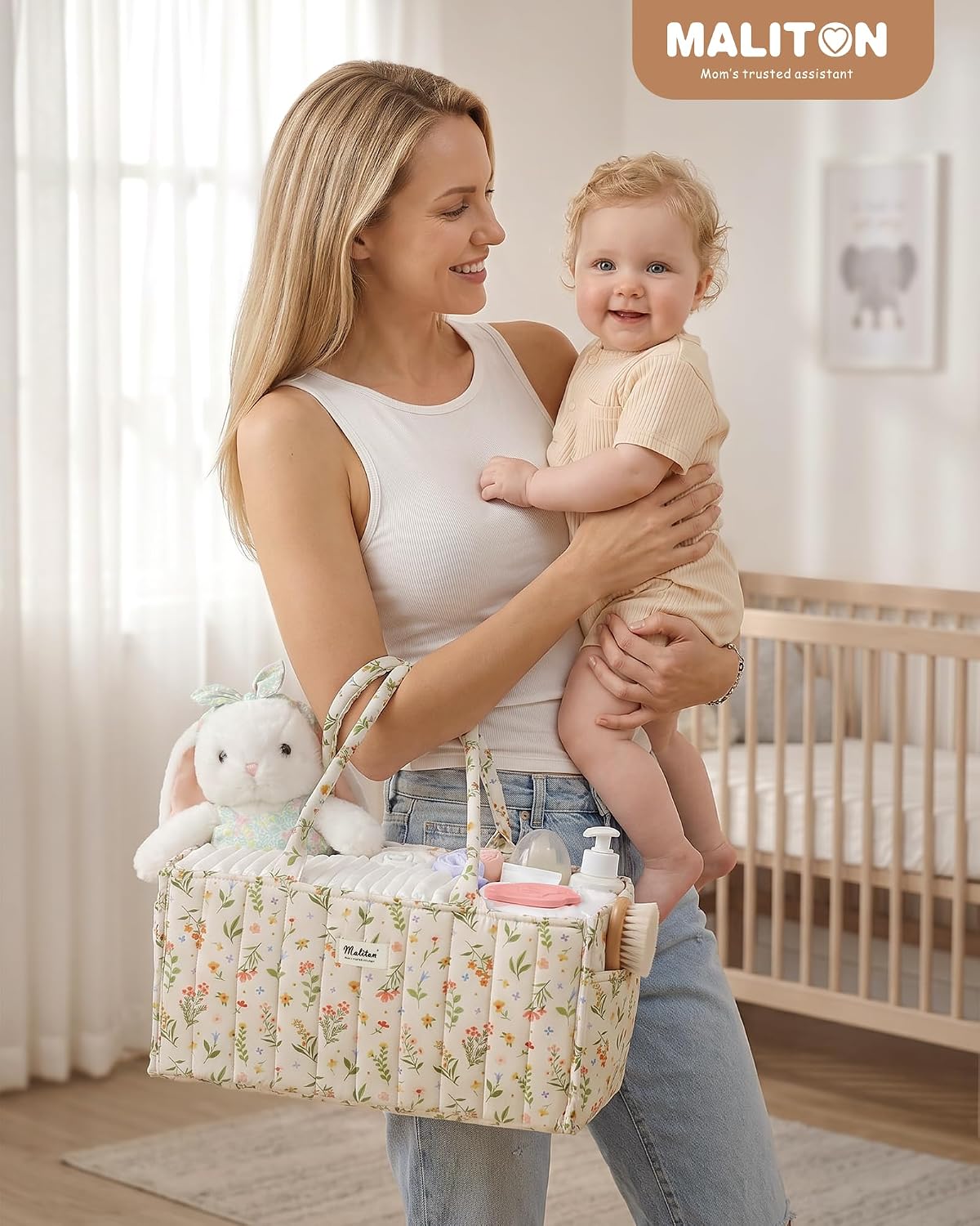 Thumbnail 5 de Maliton Nappy Caddy Organiser: Floral Baby Changing Station with Removable Dividers
