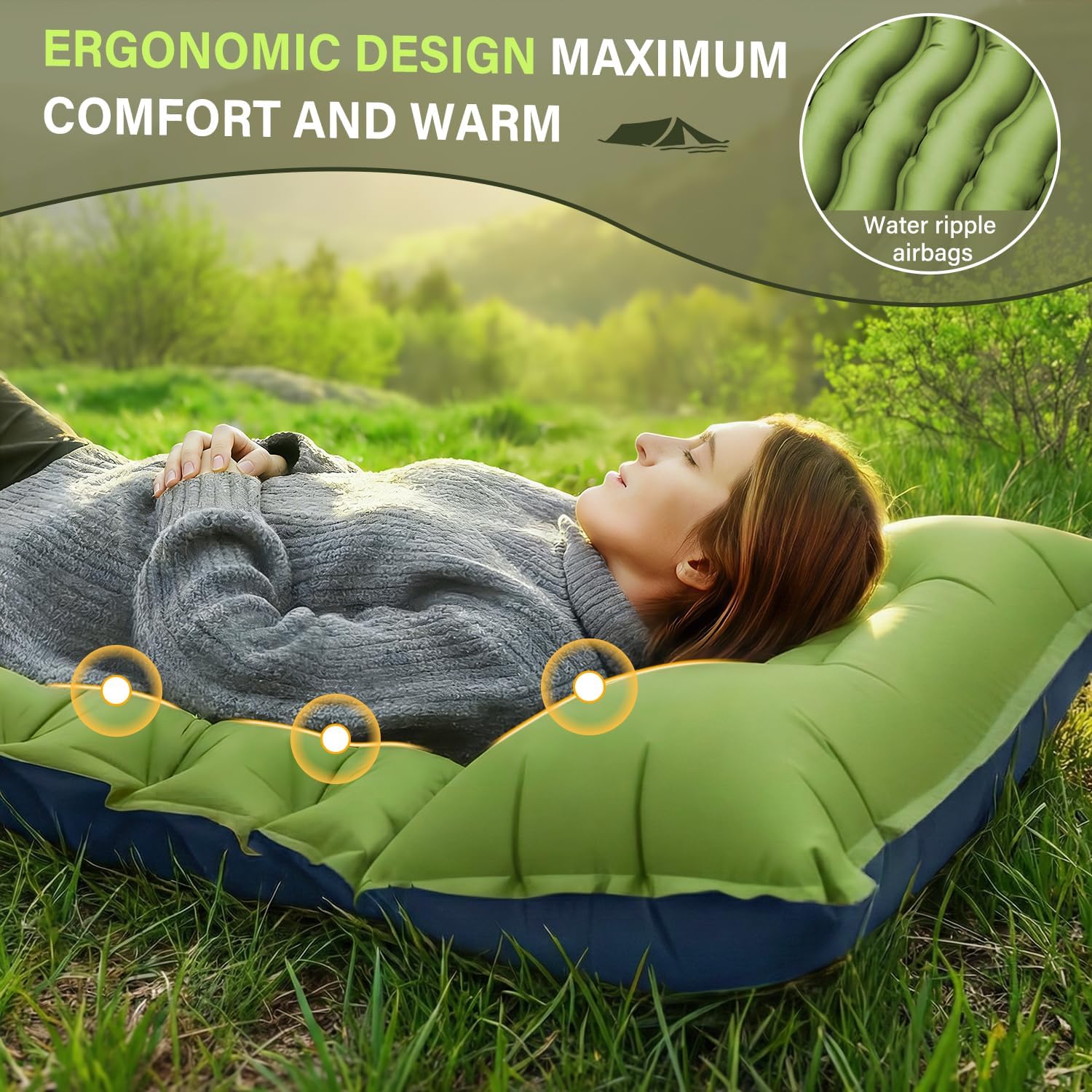 Thumbnail 1 de FUN PAC Camping Sleeping Pad (Self-Inflating) w/ Built-in Foot Pump and Pillow, Single, Green