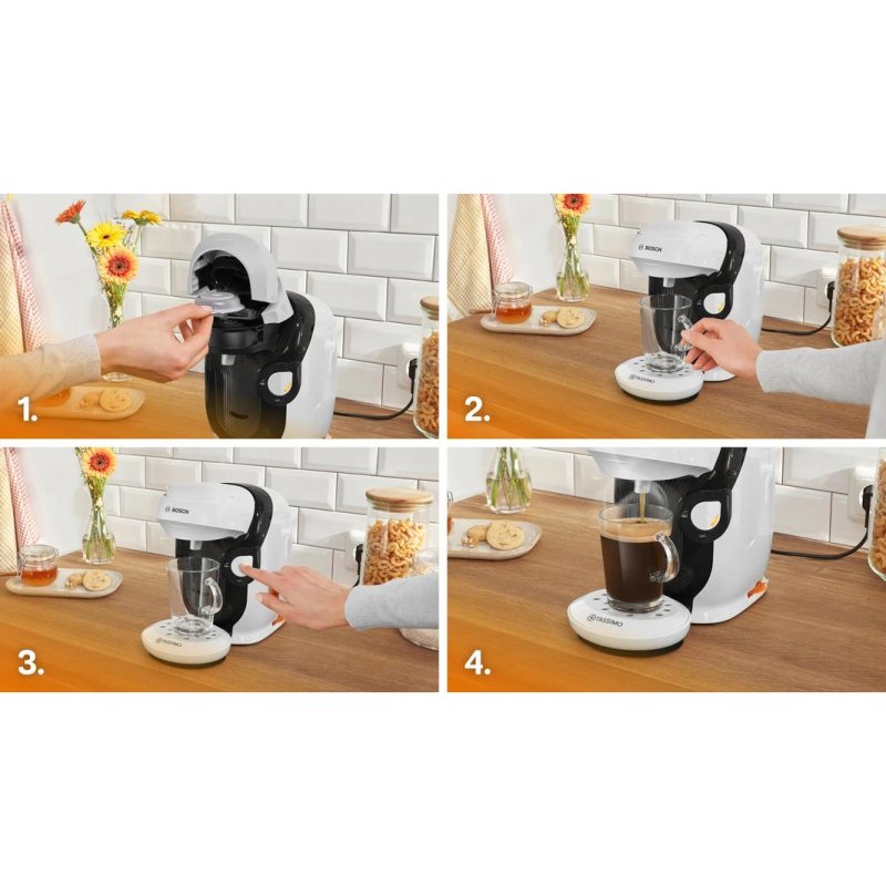 Detalle 2 de Bosch TAS114E: cafetera de cápsulas blanca 0,7 L, 1400 W, intensidad ajustable