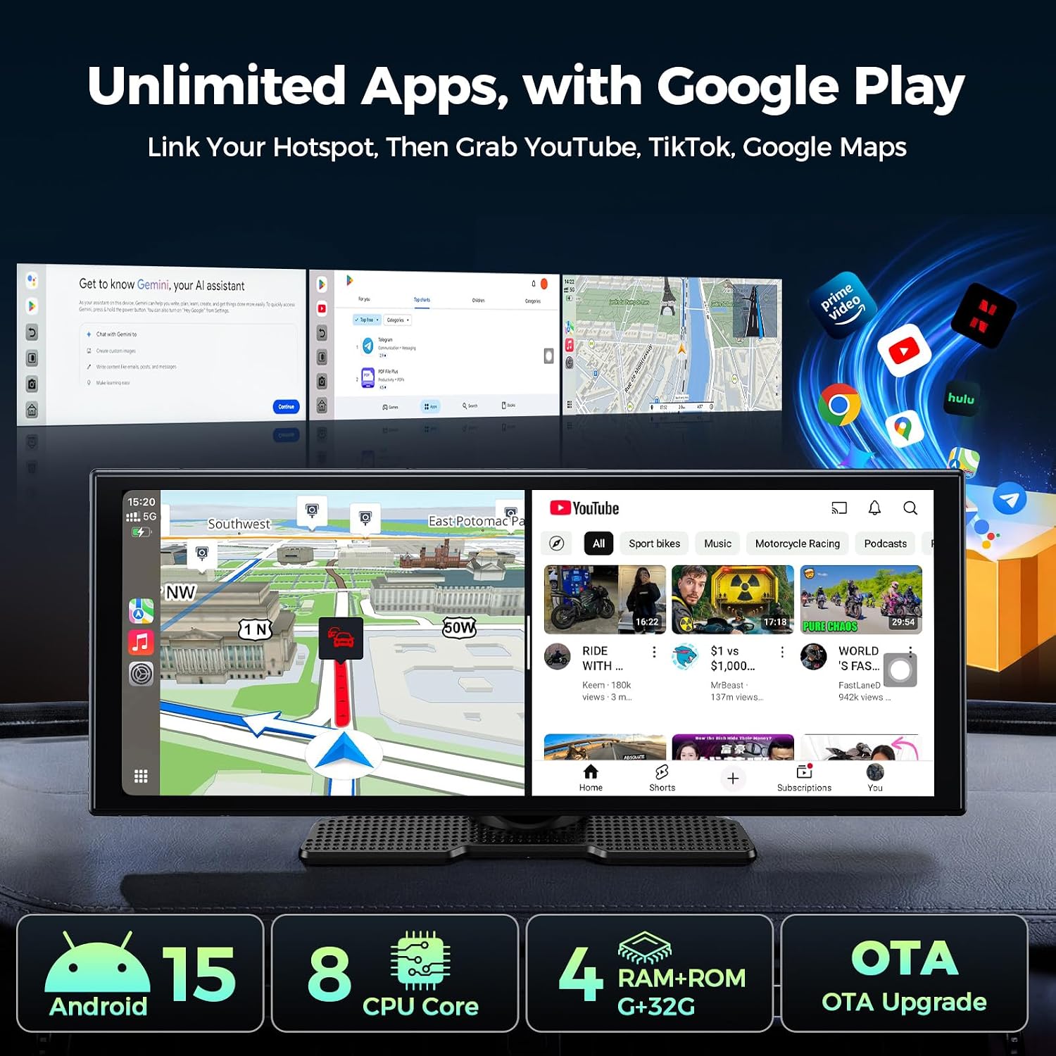 Thumbnail 3 de LAMTTO 11'' AI CarPlay Screen with Gemini AI, Google Play Apps, and 8-Core Performance