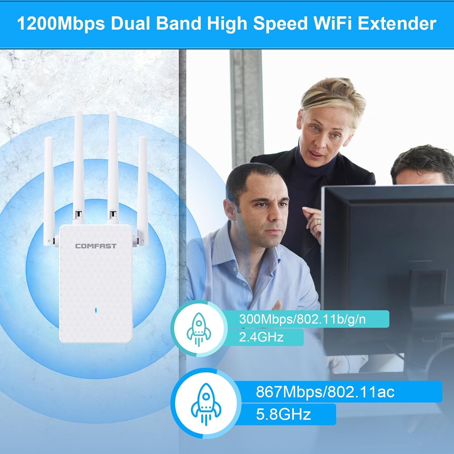 Thumbnail 3 de COMFAST WiFi Extender Booster 1200Mbps – Dual Band 2.4/5GHz with UK Plug