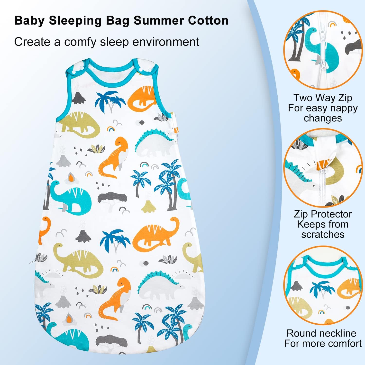 Thumbnail 1 de Flyish Direct 0.5 Tog Baby Sleeping Bag – 100% Cotton, Dinosaurs, 66–83 cm