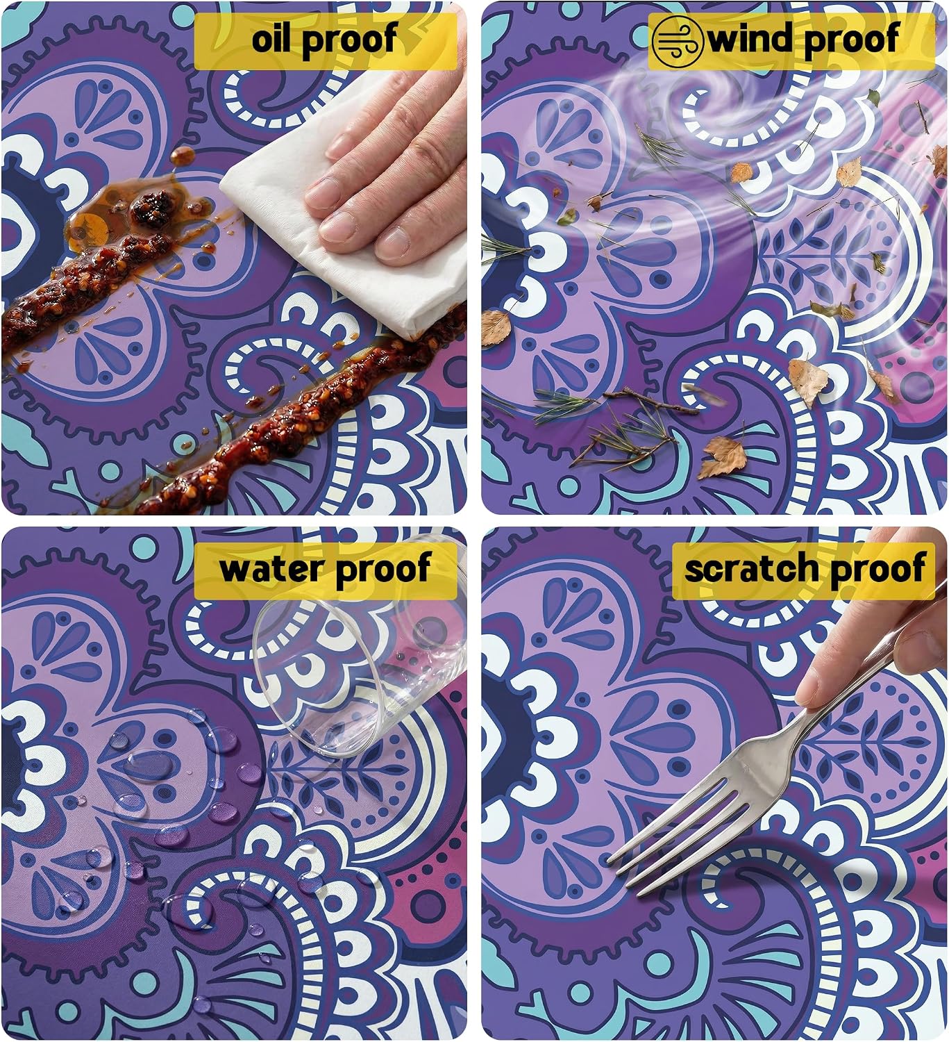 Detalle de Wrakus ZB2-5-230-S Picnic Table Cover Set, Purple Mandala, Waterproof Polyester