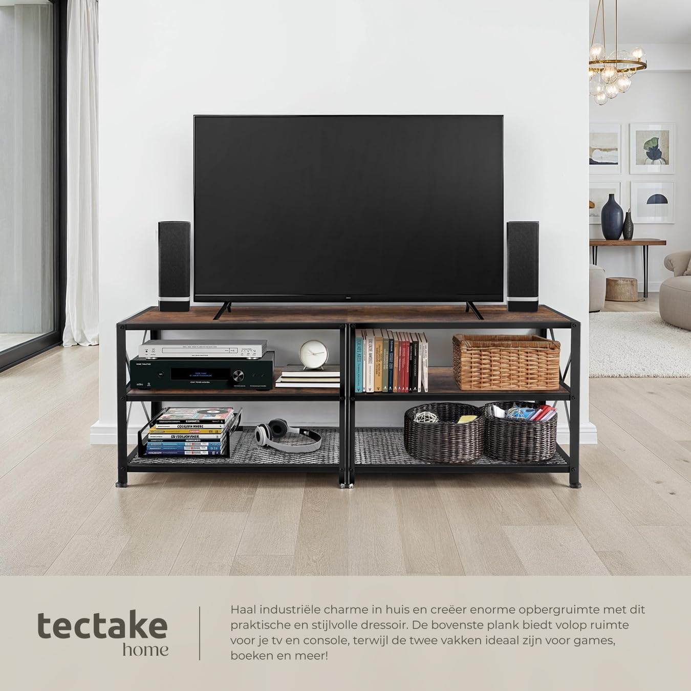 Thumbnail 4 de tectake 404541 tv-meubel met 3 open vakken, donkerbruin en zwart metaal