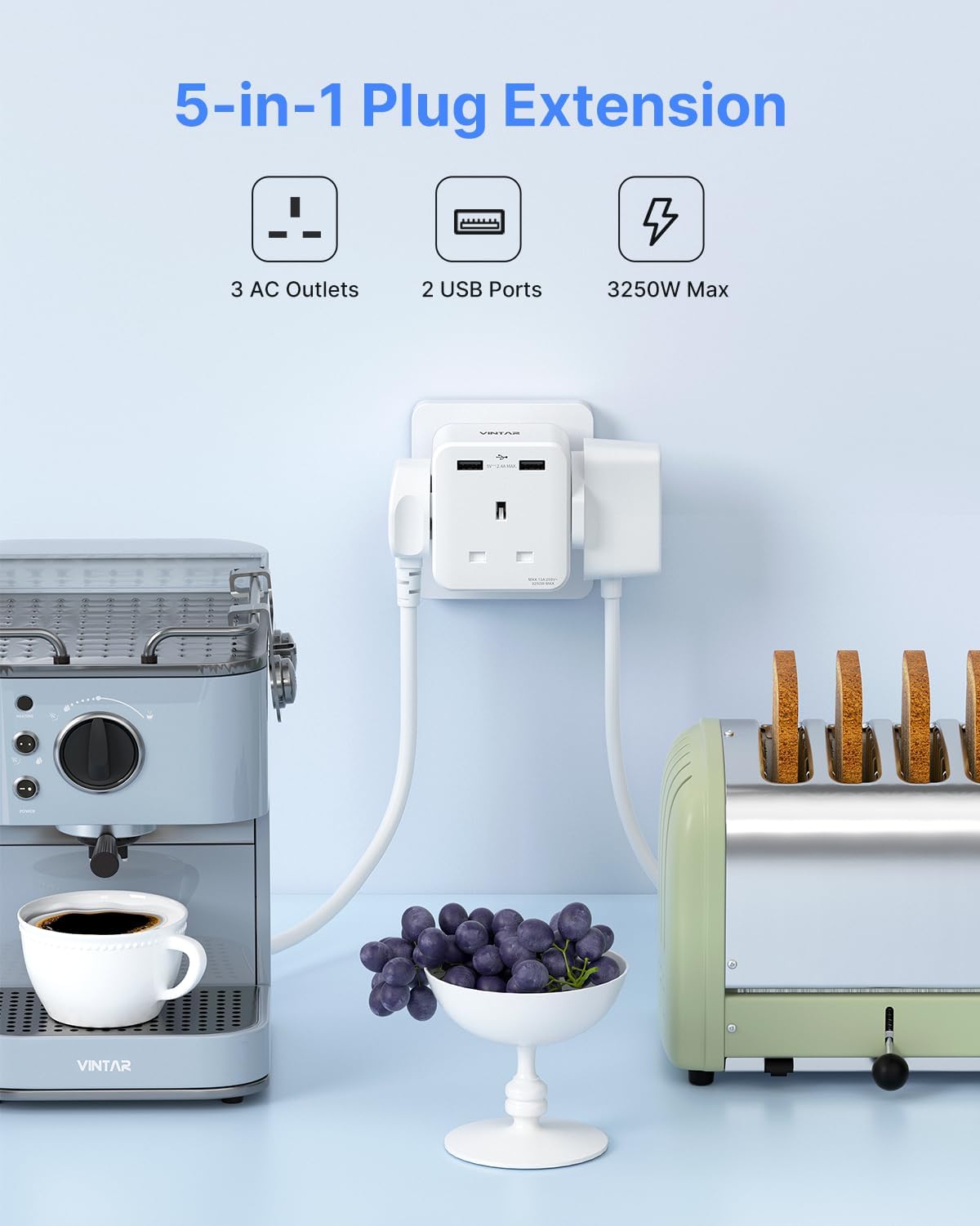 Thumbnail 1 de VINTAR Plug Adaptor with 2 USB and 3-way UK 13A socket extension (White)