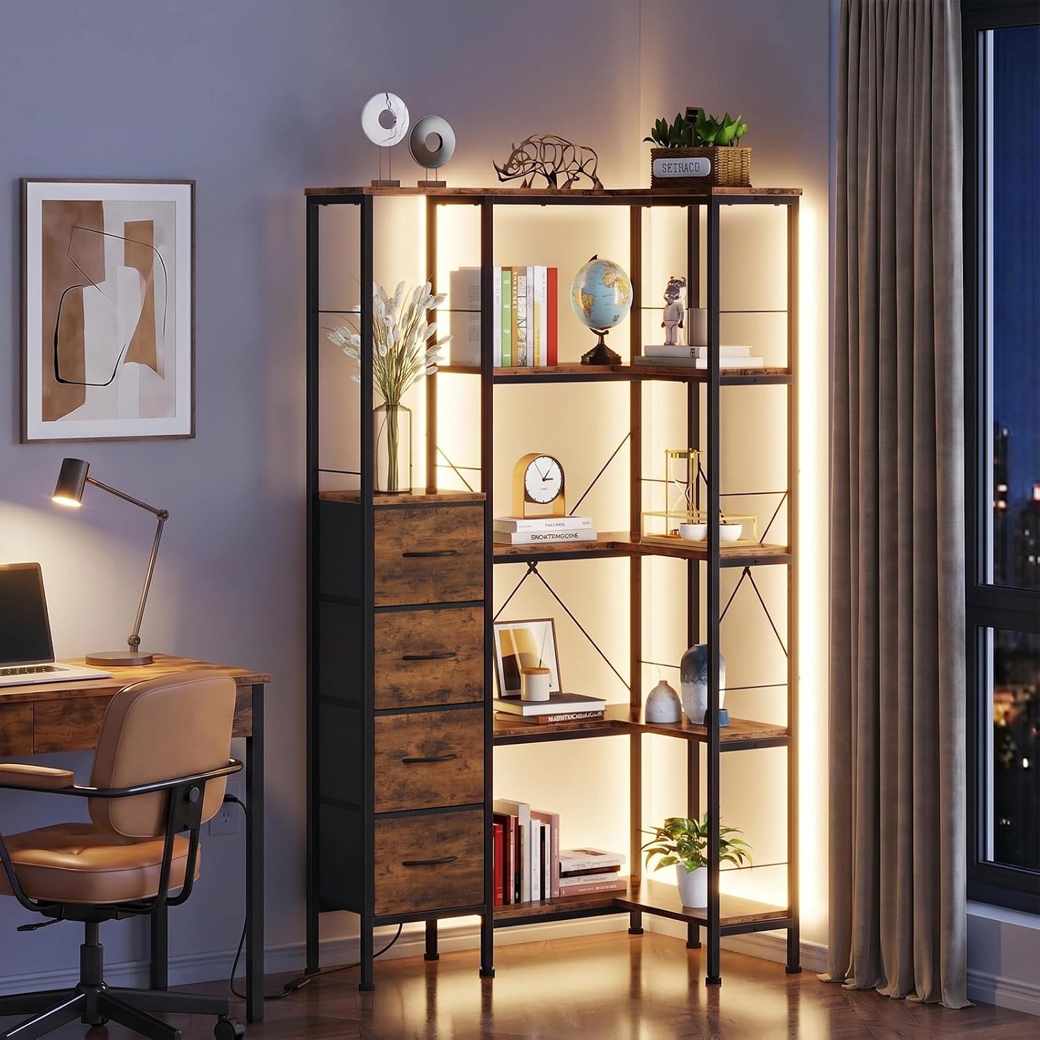 Thumbnail 6 de OYRREU 8H-BS037-ARB hoekboekenkast met 5 legplanken, 4 stoffen laden en ledverlichting