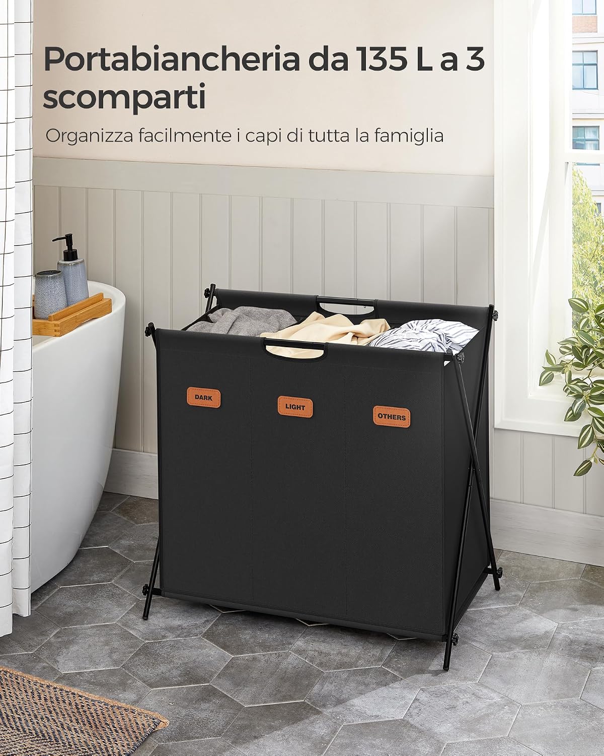 Detalle de SONGMICS LCB130G01 cesto portabiancheria pieghevole da 135 L con 3 scomparti e etichette