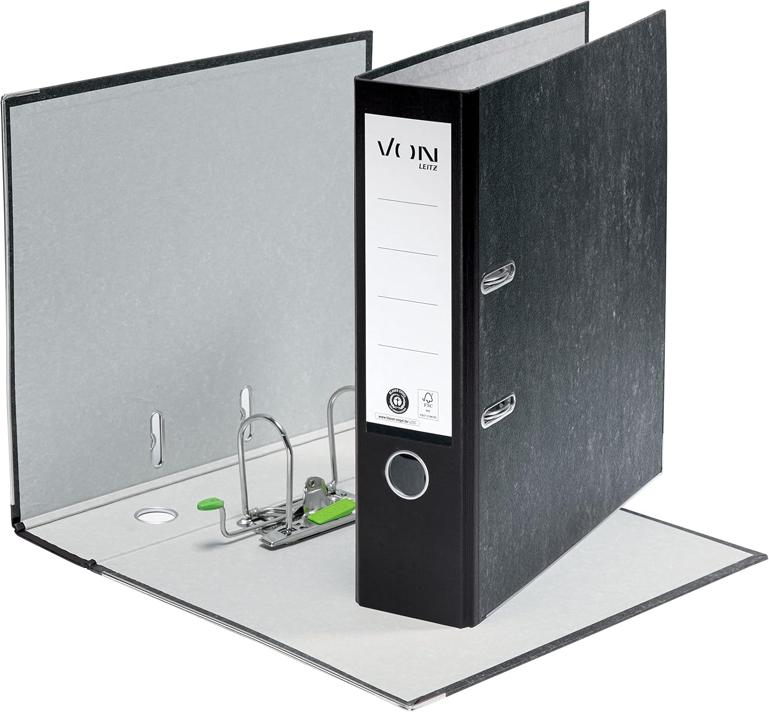 Detalle de VON Leitz A4 Ordner 2-Ring, 80 mm Rücken, 10er Pack – 100% Recyclingpapier, Blaues Angel & FSC, Schwarz (10530095)