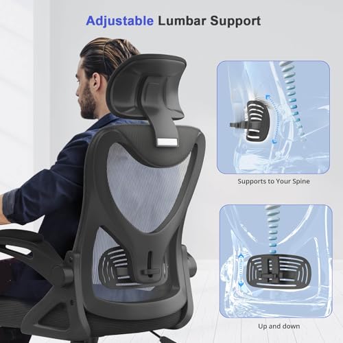 Detalle de YONISEE Office Chair - Ergonomic High Back Mesh Desk Chair with Adjustable Lumbar Support, Headrest and Flip-up Armrests