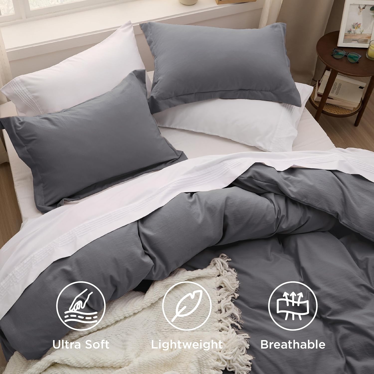 Detalle 2 de Bedsure CA000004GOK Oversized King Duvet Cover Set, Dark Grey Polyester