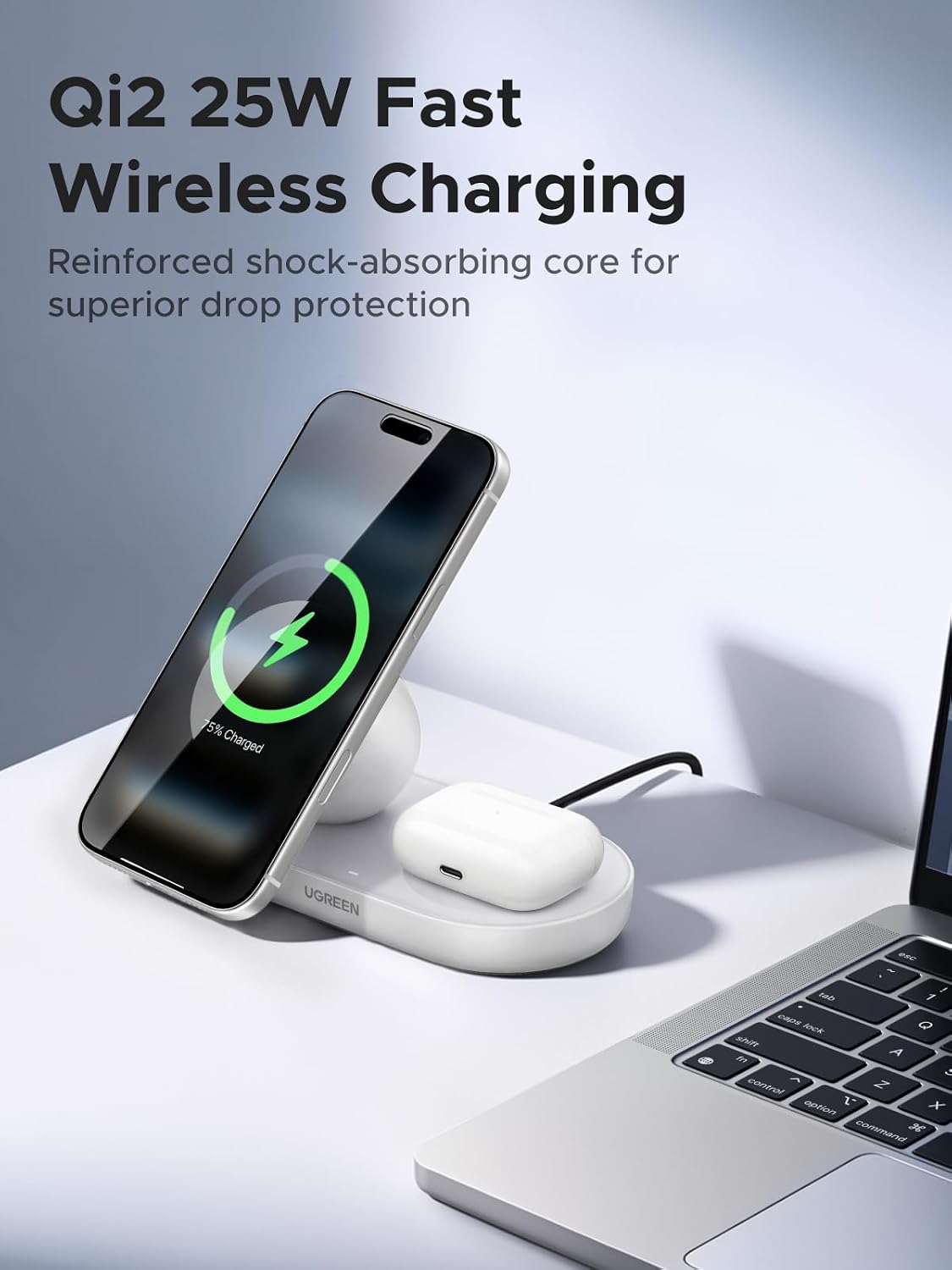 Detalle 2 de UGREEN W751 Qi2.2 25W 2-in-1 Magnetic Wireless Charger Stand