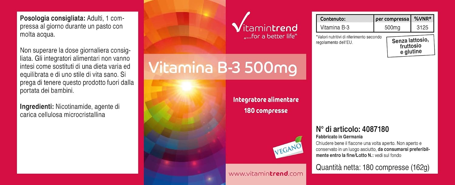 Detalle 2 de Vitamintrend Vitamin B3 500 mg – 180 Tabletten, vegan, hochdosiert, made in Deutschland